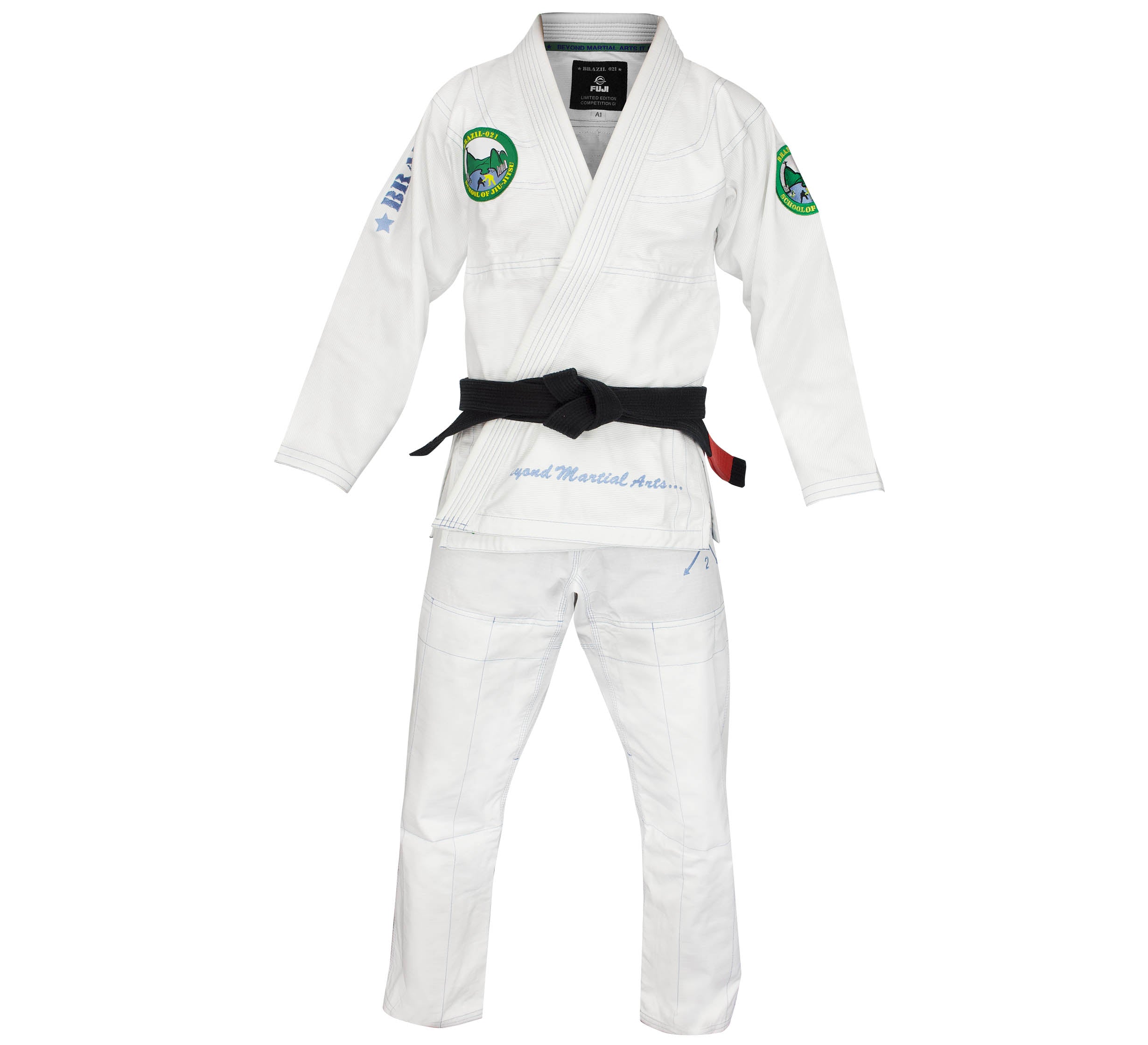The Brazil 021 Competition Gi, a white Brazilian Jiu-Jitsu uniform featuring chest and sleeve patches, is shown paired with a black belt against a plain white background.