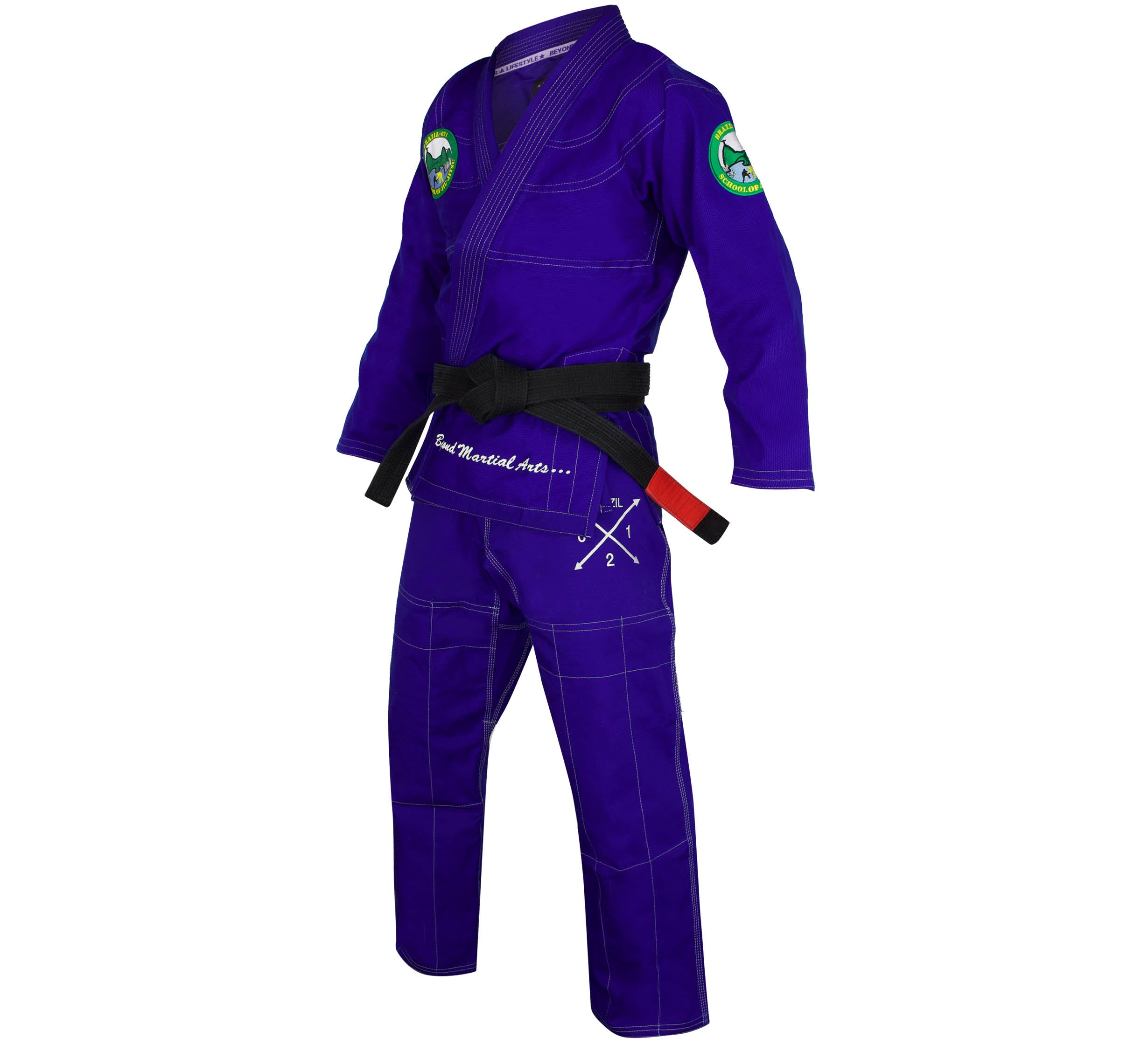 The Brazil 021 Competition Gi is a purple Brazilian Jiu-Jitsu gi with white stitching, green shoulder patches, a black belt featuring a red bar, and white embroidered text and symbols on the pants.