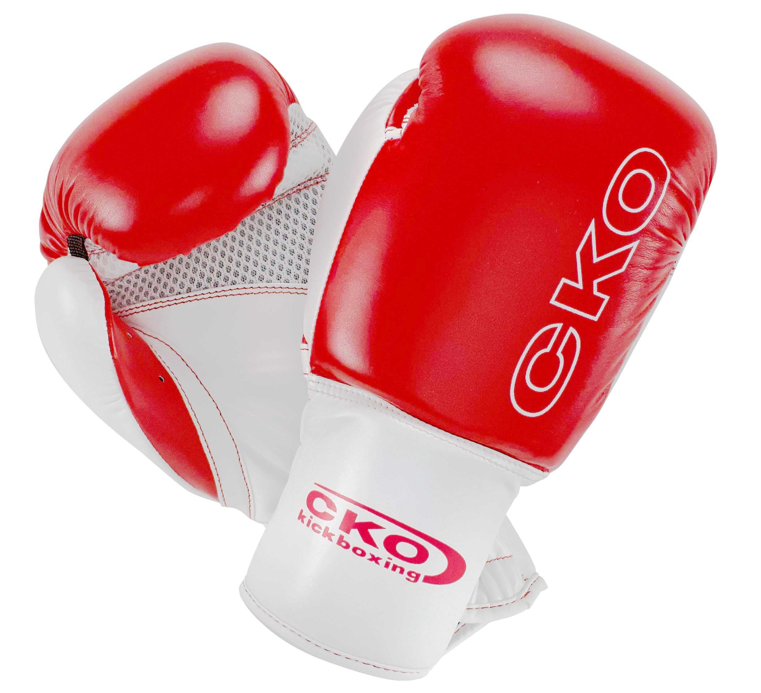 A pair of CKO Kids Boxing Gloves Red with "CKO Kickboxing" on the wrist strap and "CKO" on the glove, shown overlapping each other.