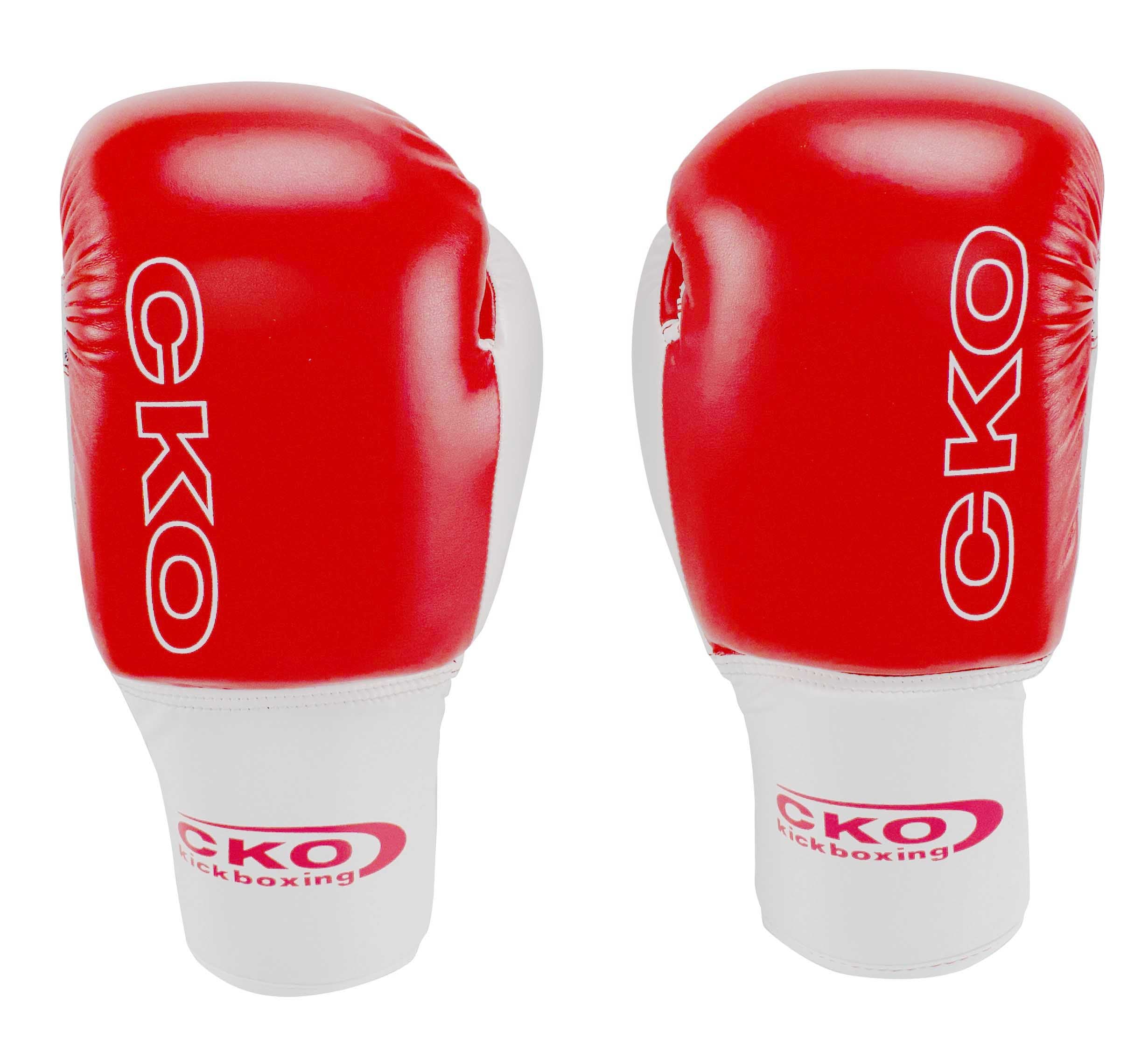 CKO Kids Boxing Gloves Red: A pair of red and white gloves with "CKO" in white on the red area and "CKO kickboxing" in pink on the wrist, shown upright against a plain background.