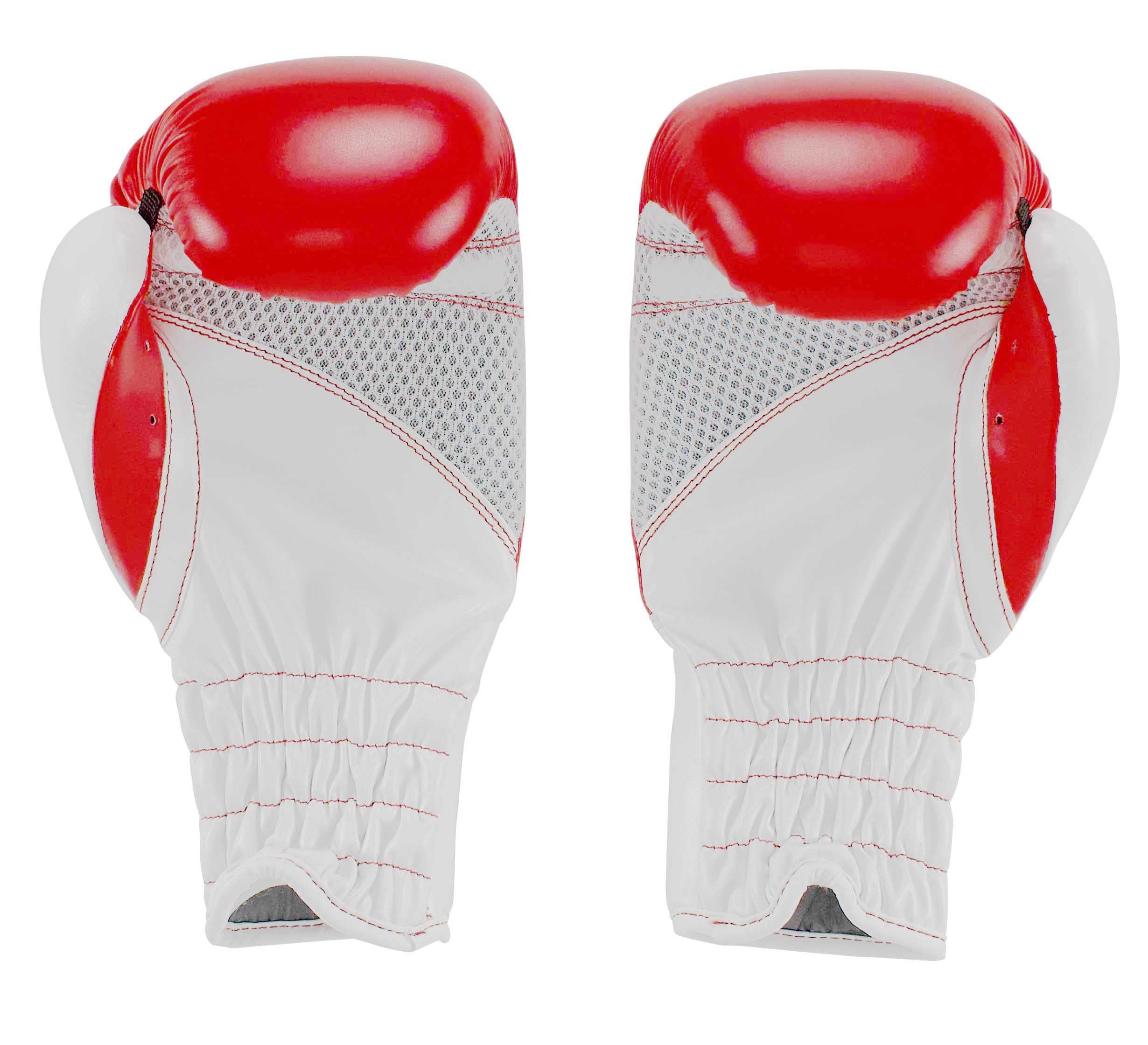 CKO Kids Boxing Gloves Red are shown with palms facing forward, featuring a red and white design, mesh ventilation areas, and gathered wrists.