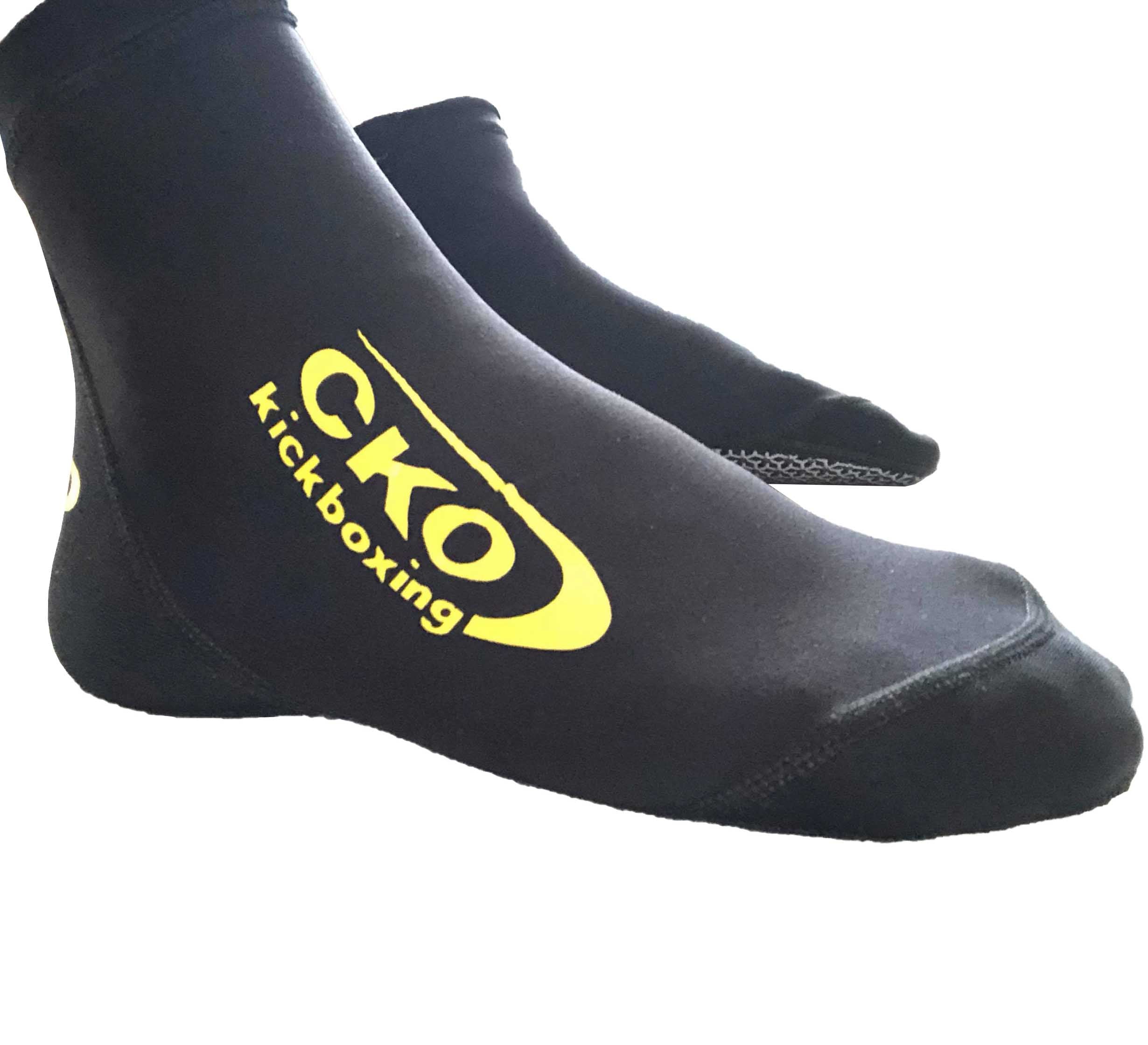 CKO Grip Socks are black neoprene socks featuring "CKO Kickboxing" in yellow on the side, designed specifically for kickboxing.