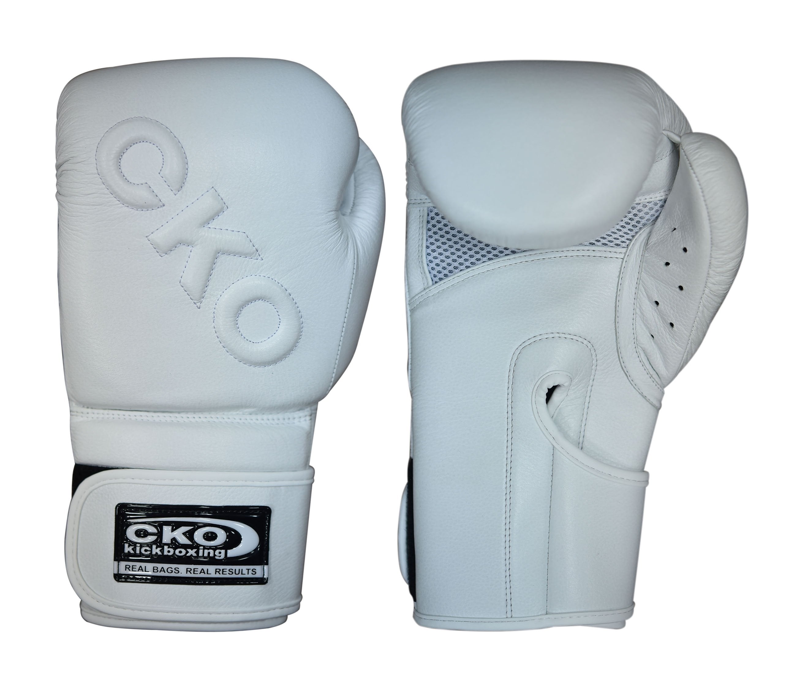 Two CKO Premium Leather Boxing Gloves White are shown. One displays the palm and wrist strap with a CKO Kickboxing logo; the other shows the back, knuckle area, stitching, and ventilation holes.