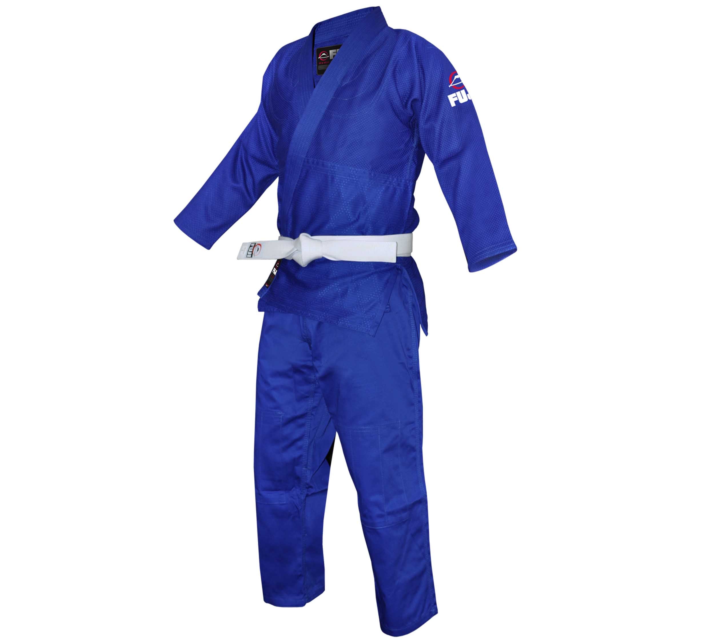 A Single Weave Judo Gi in royal blue, featuring a white belt tied at the waist, is displayed on a headless, handless, and footless mannequin.