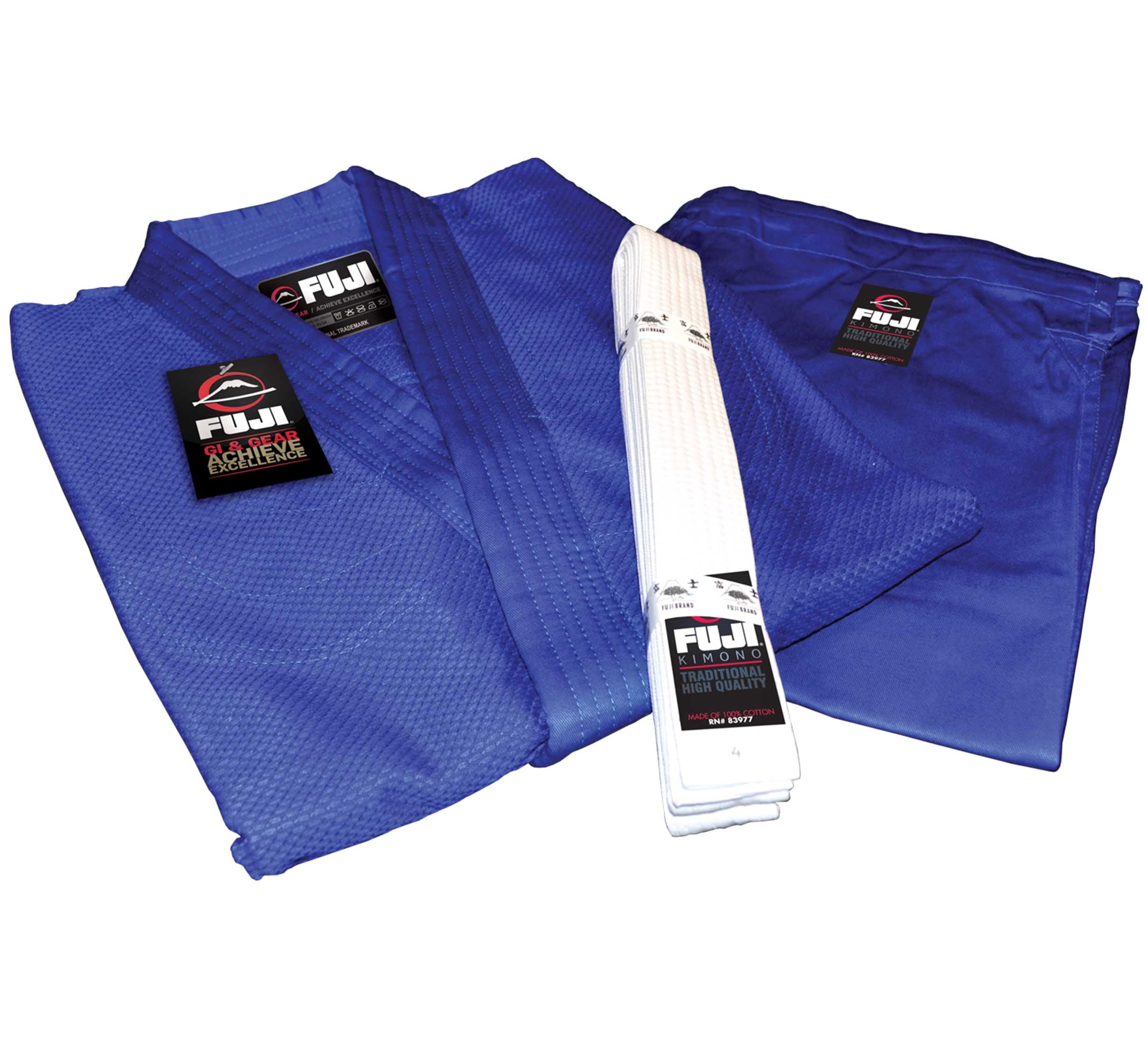 The Fuji Single Weave Judo Gi set includes a blue jacket, pants, and a folded white belt with Fuji branding, all displayed on a white background.