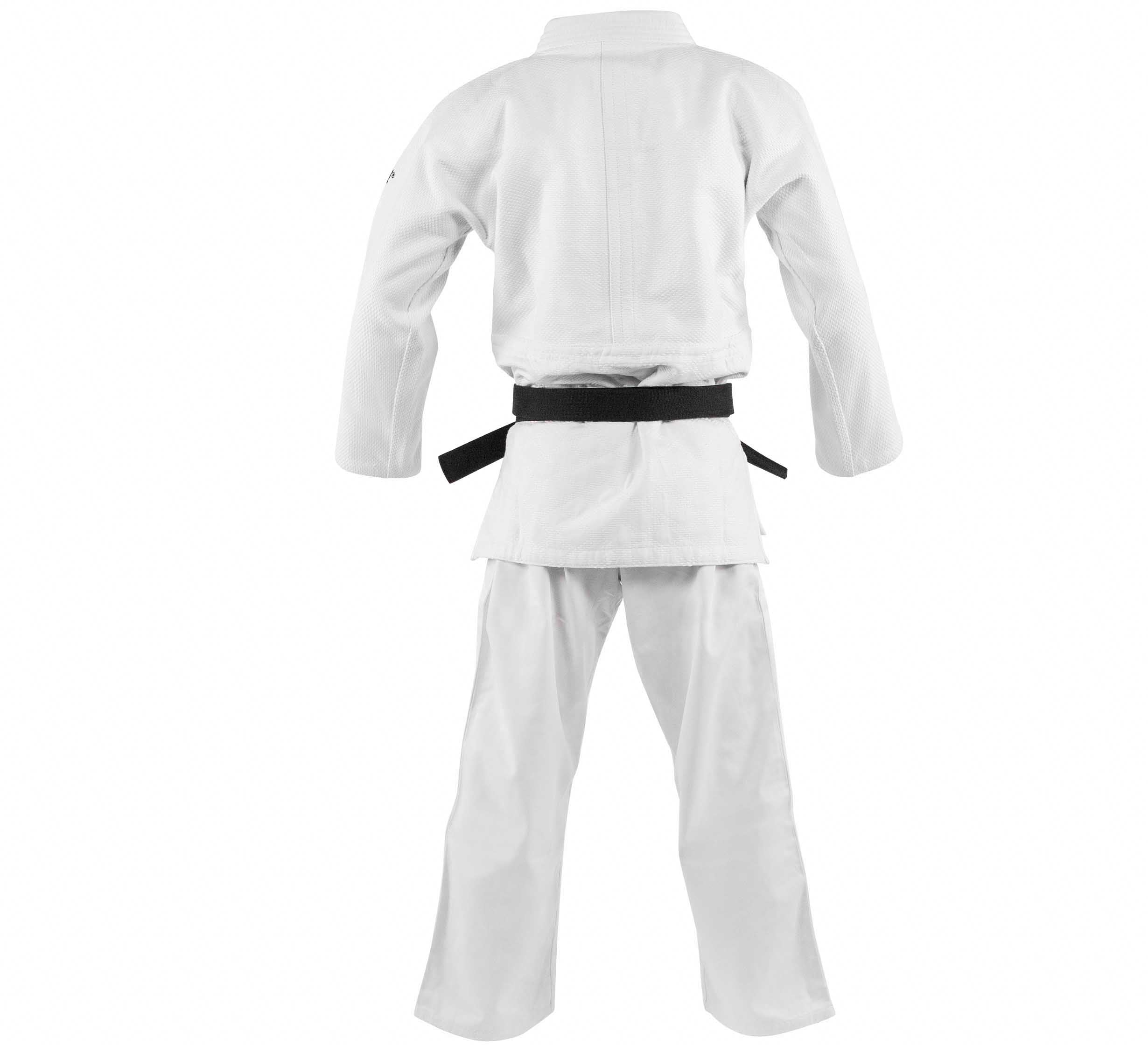 A person wearing the Double Weave Judo Gi White with a black belt is shown from the back, standing against a plain white background.