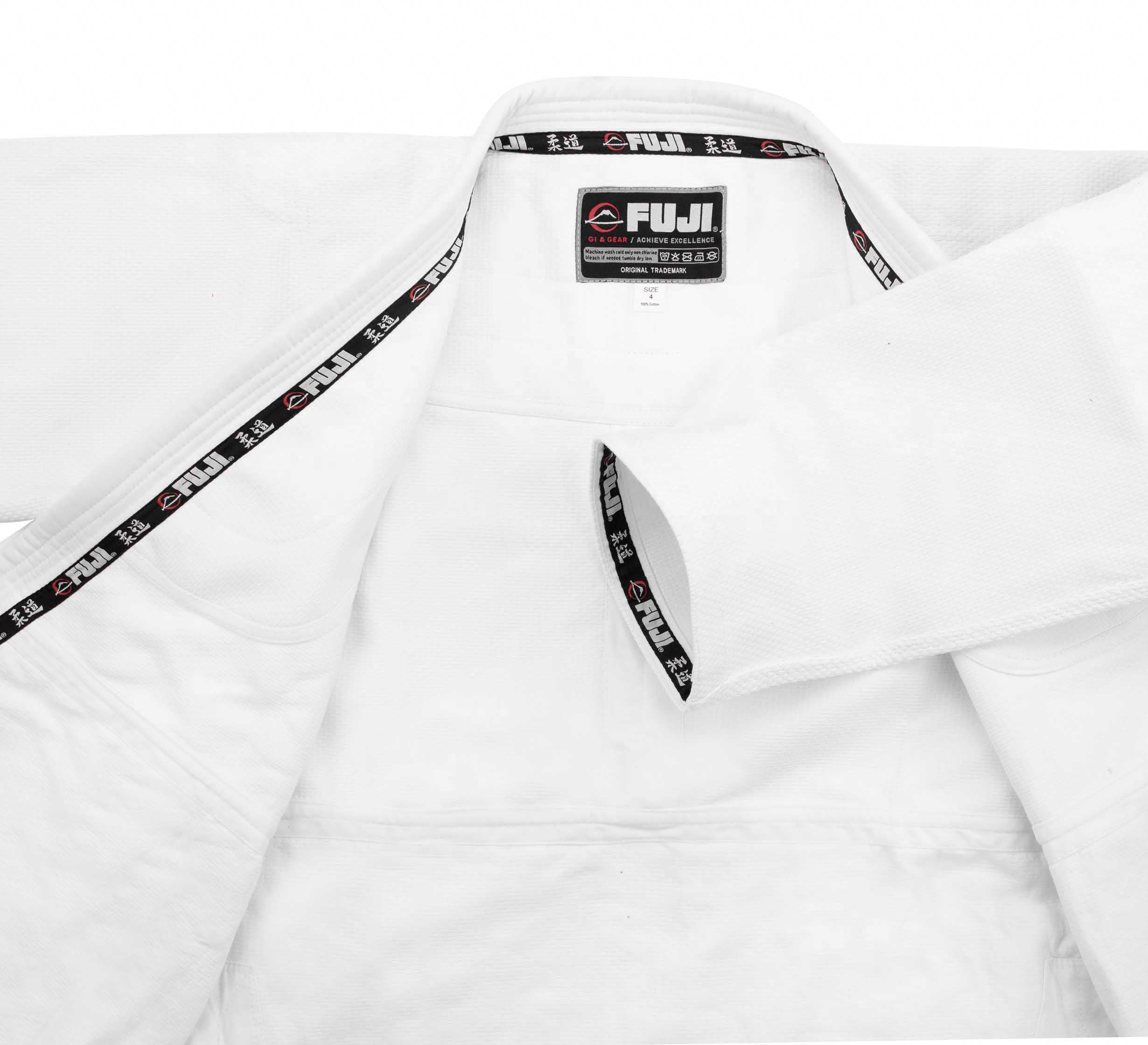 A close-up of a white Double Weave Judo Gi jacket shows the inside collar, label, and sleeve. The label displays sizing, care instructions, and branding for the Double Weave Judo Gi White.