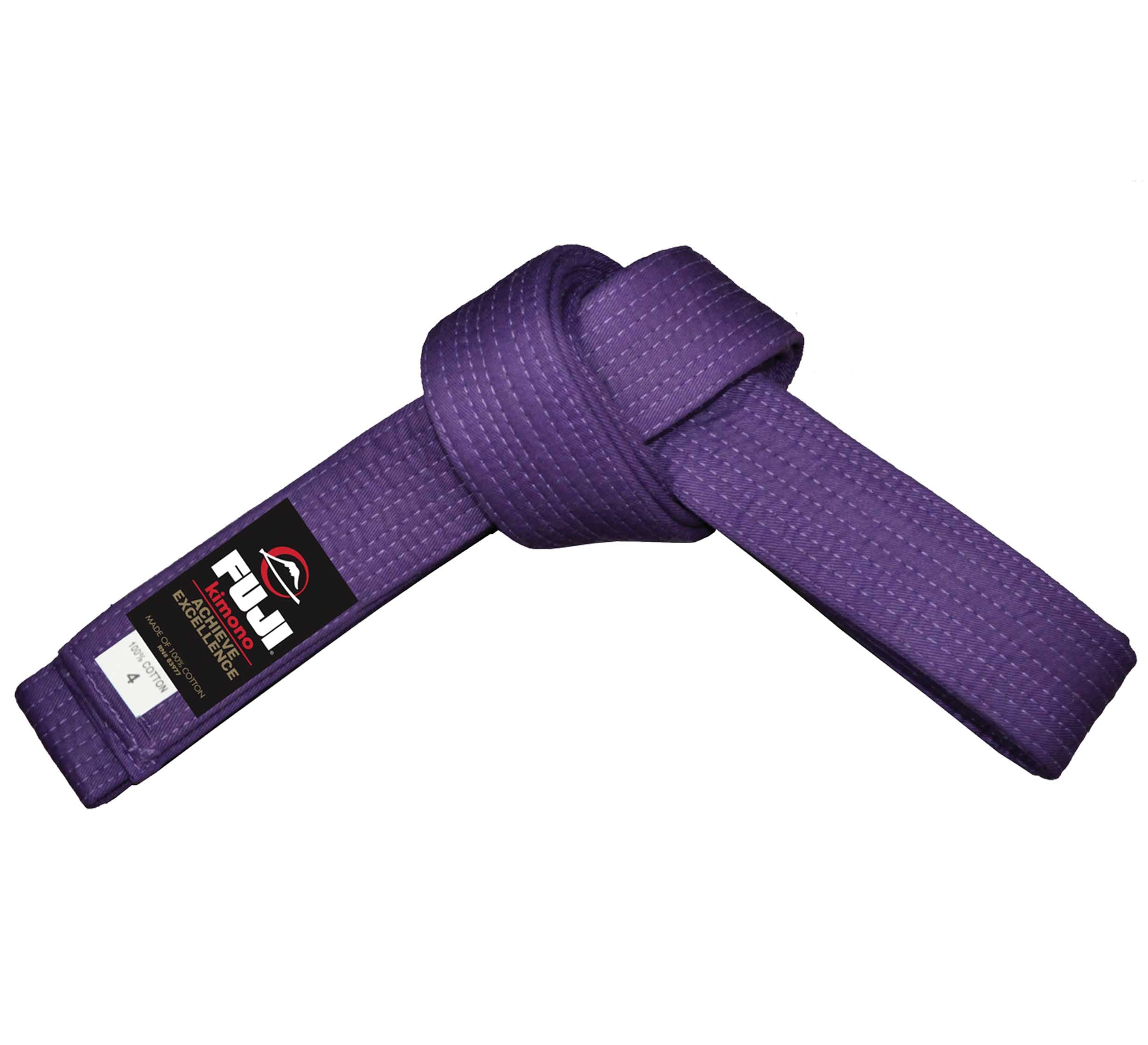 A Fuji Sports Judo Color Belt, neatly tied in purple, is displayed on a plain white background.