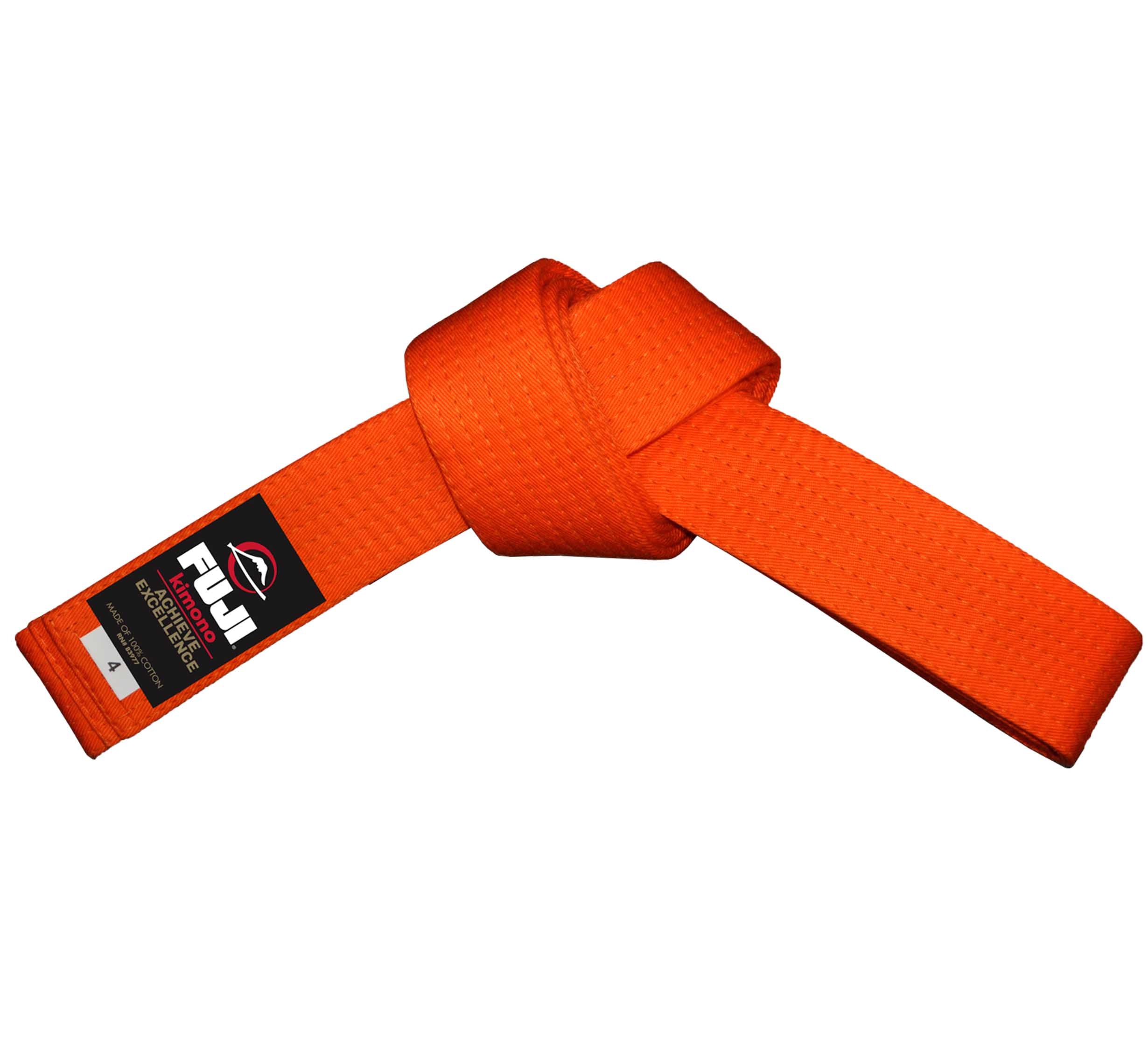A Judo Color Belt with an orange Fuji Sports label is tied in a knot and displayed on a white background.
