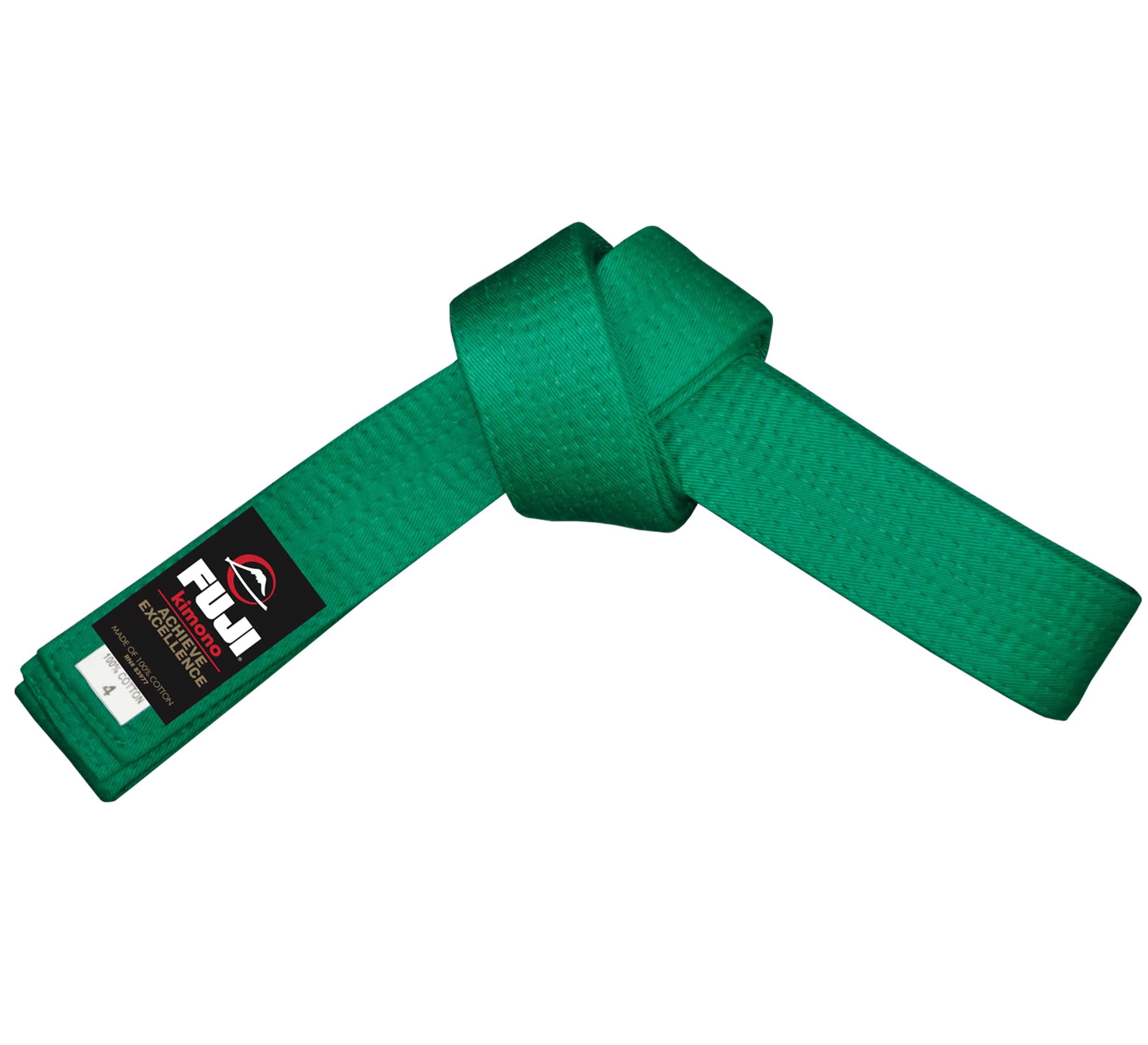 A Fuji Judo Color Belt in green, neatly tied in a knot, featuring a black Fuji brand label on one end.