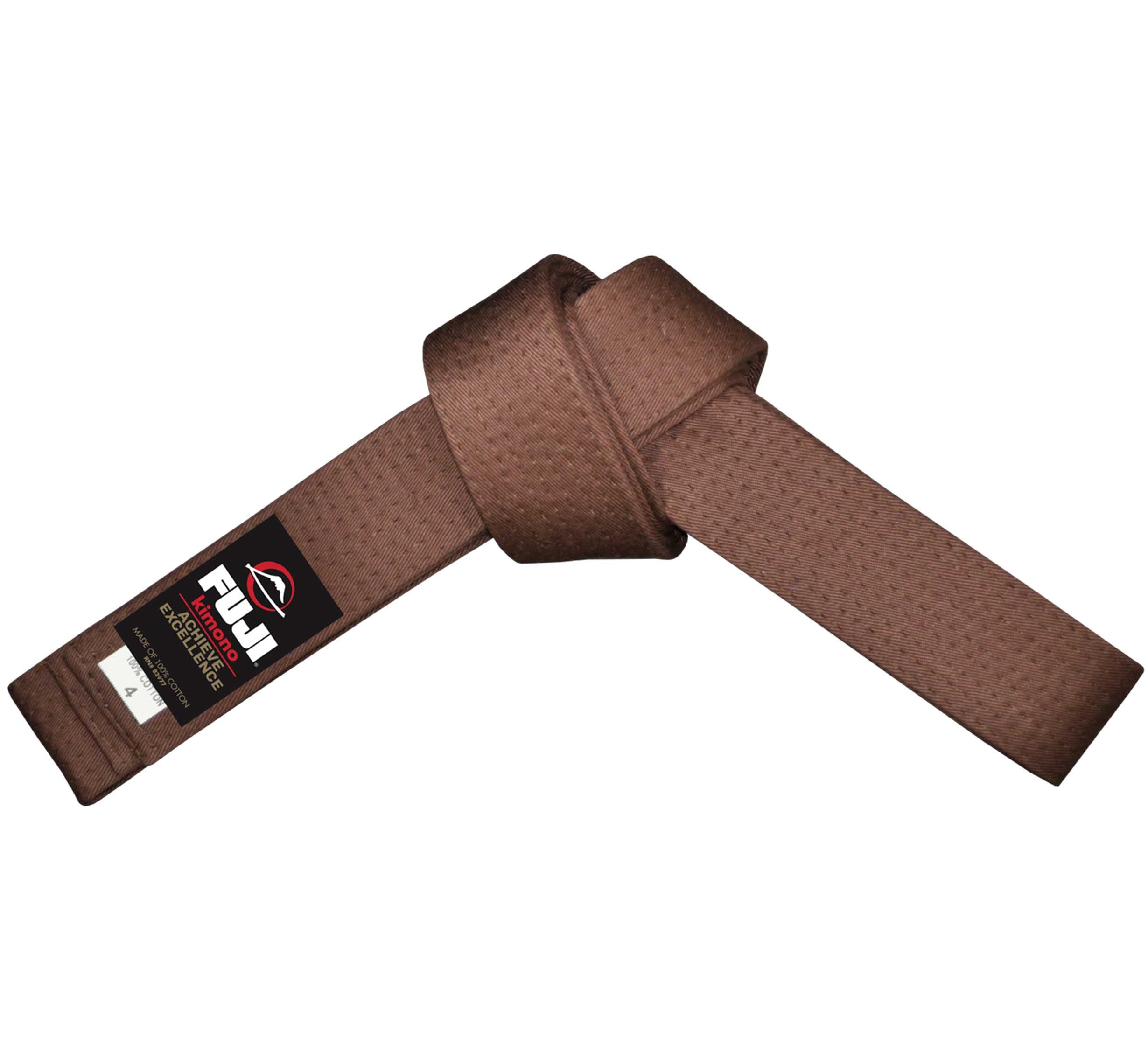 A brown Judo Color Belt featuring the Fuji brand’s black label and size A4, neatly tied in a knot against a white background.