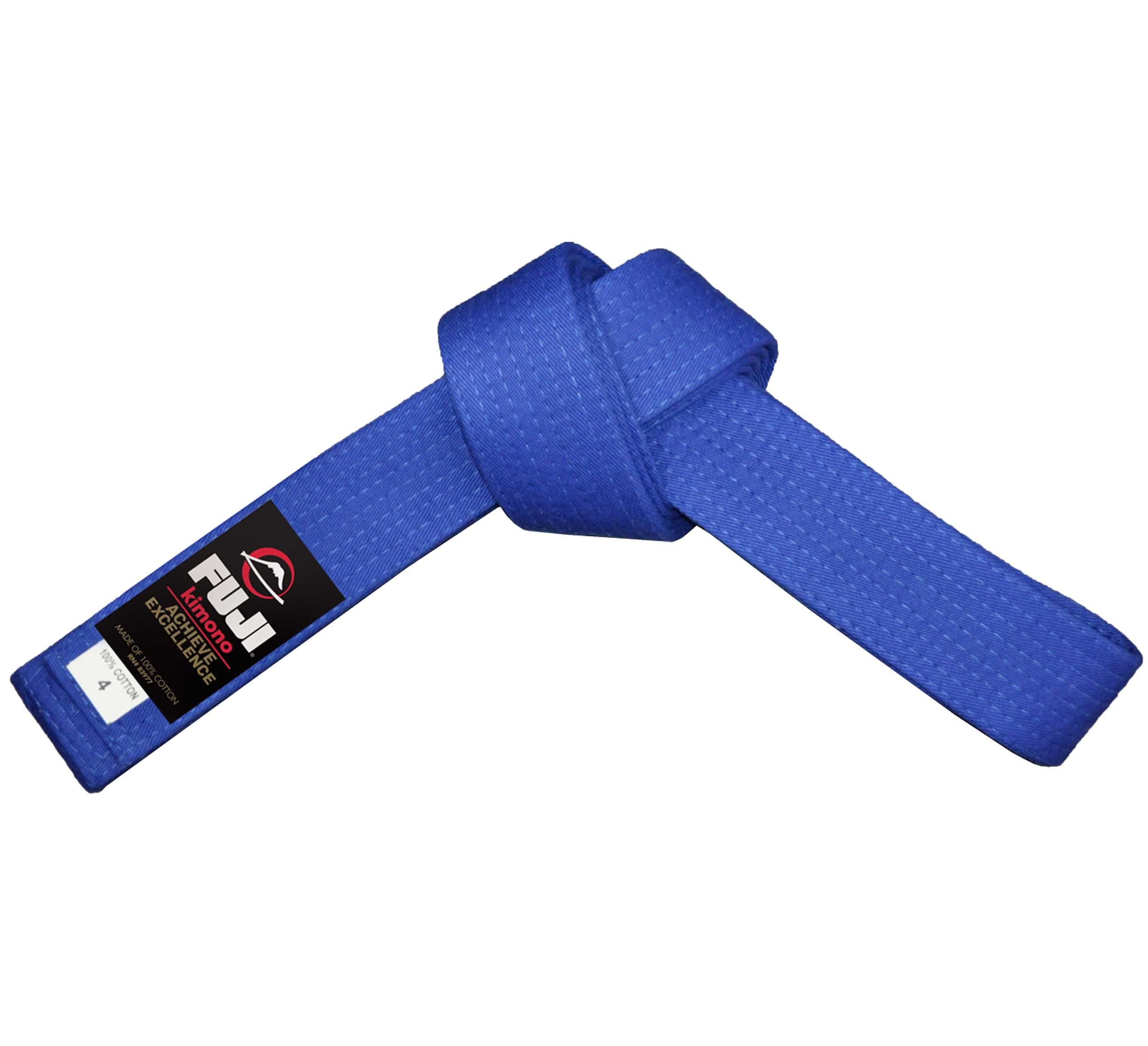 The Judo Color Belt is a blue martial arts belt, tied in a knot, featuring a black Fuji Sports label on one end.