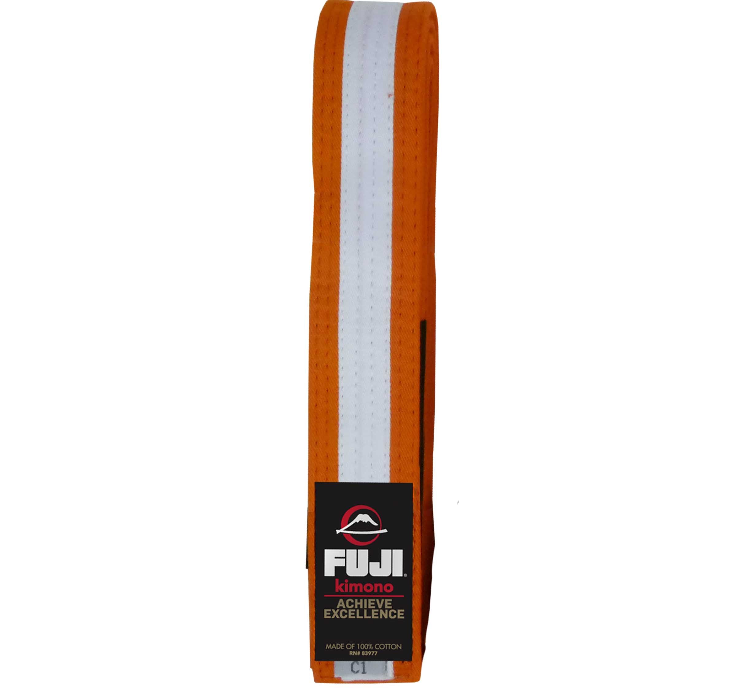 The Kids Jiu Jitsu Belt Orange/White is an orange belt with a white center stripe and a black Fuji label at the bottom.