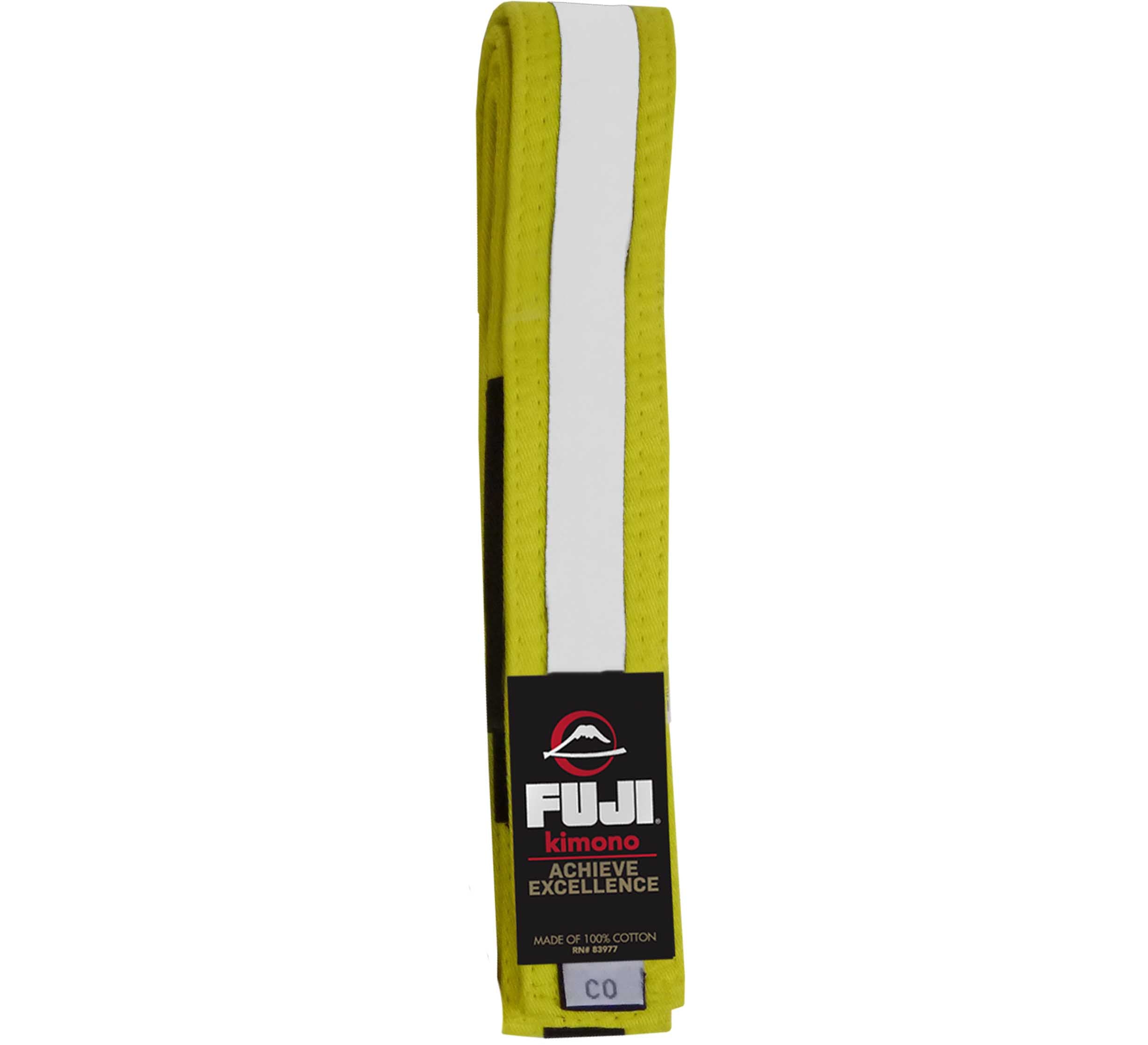The Kids Jiu Jitsu Colored Belt is yellow with a white center stripe, featuring a black Fuji tag labeled "FUJI kimono ACHIEVE EXCELLENCE," and made of 100% cotton.