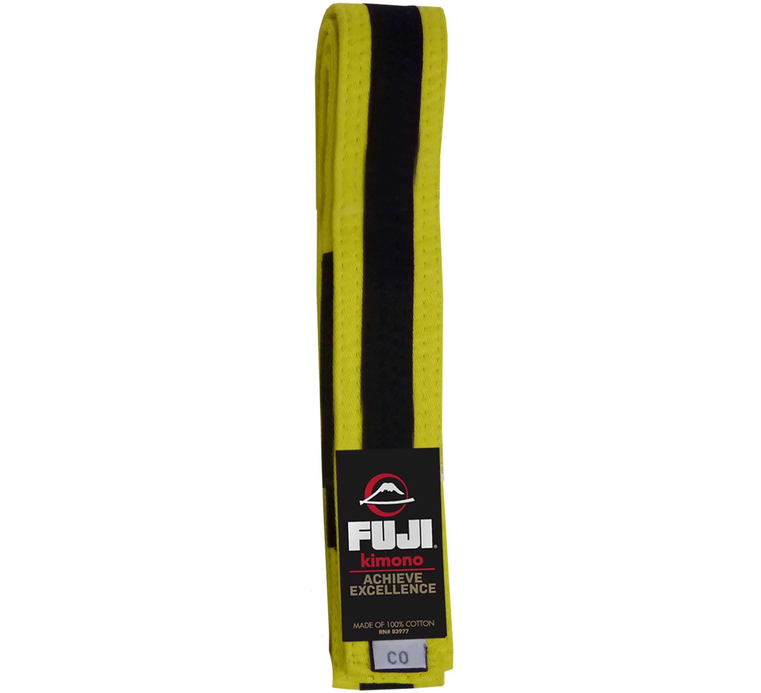 The Kids Jiu Jitsu Colored Belt is yellow with a black center stripe, featuring a FUJI kimono ACHIEVE EXCELLENCE label on a black tag at the bottom. The tag shows it’s 100% cotton, size C0.