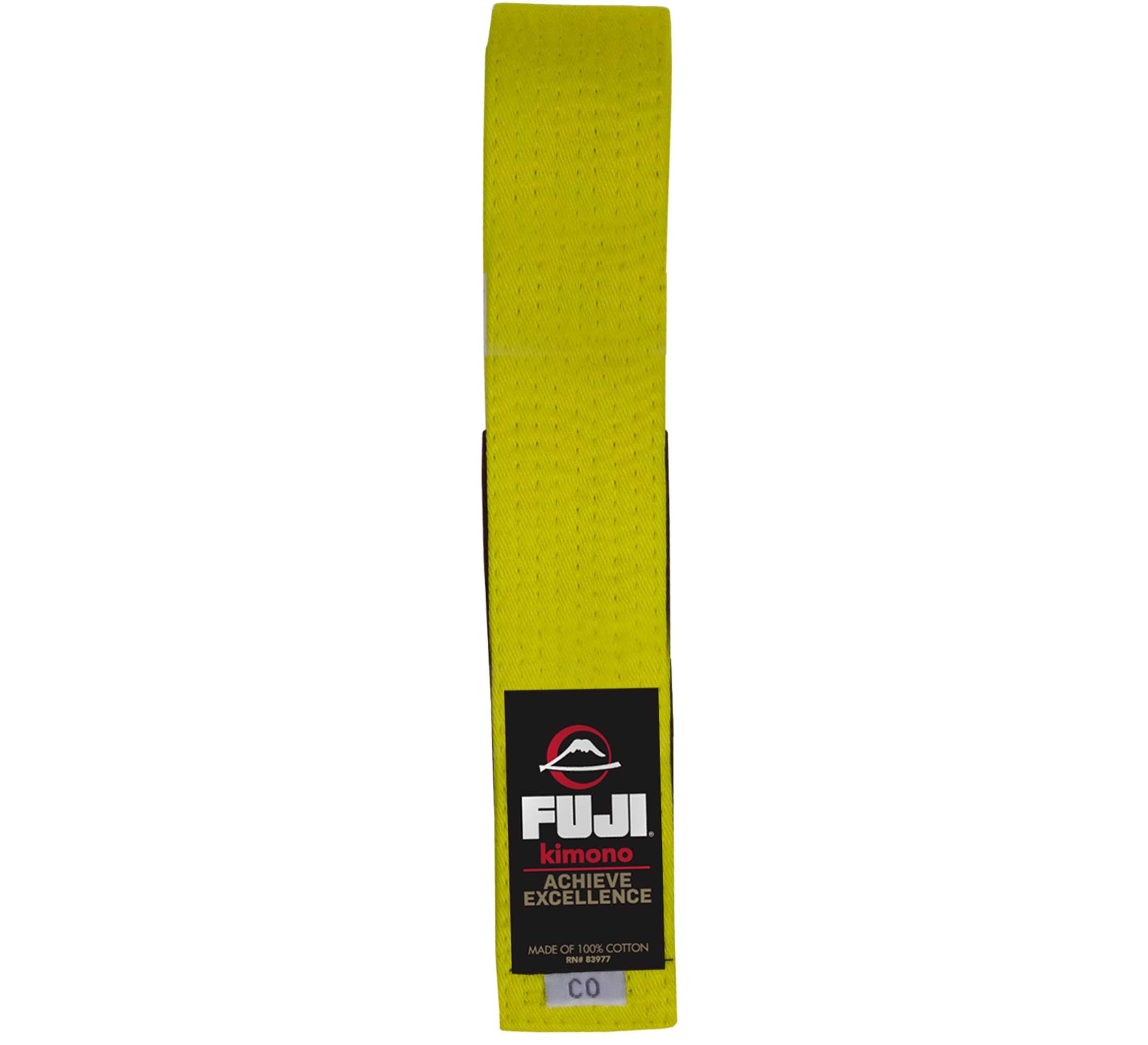 A Kids Jiu Jitsu Colored Belt in yellow, featuring a Fuji Kimono Achieve Excellence label on the front, is displayed upright against a white background.