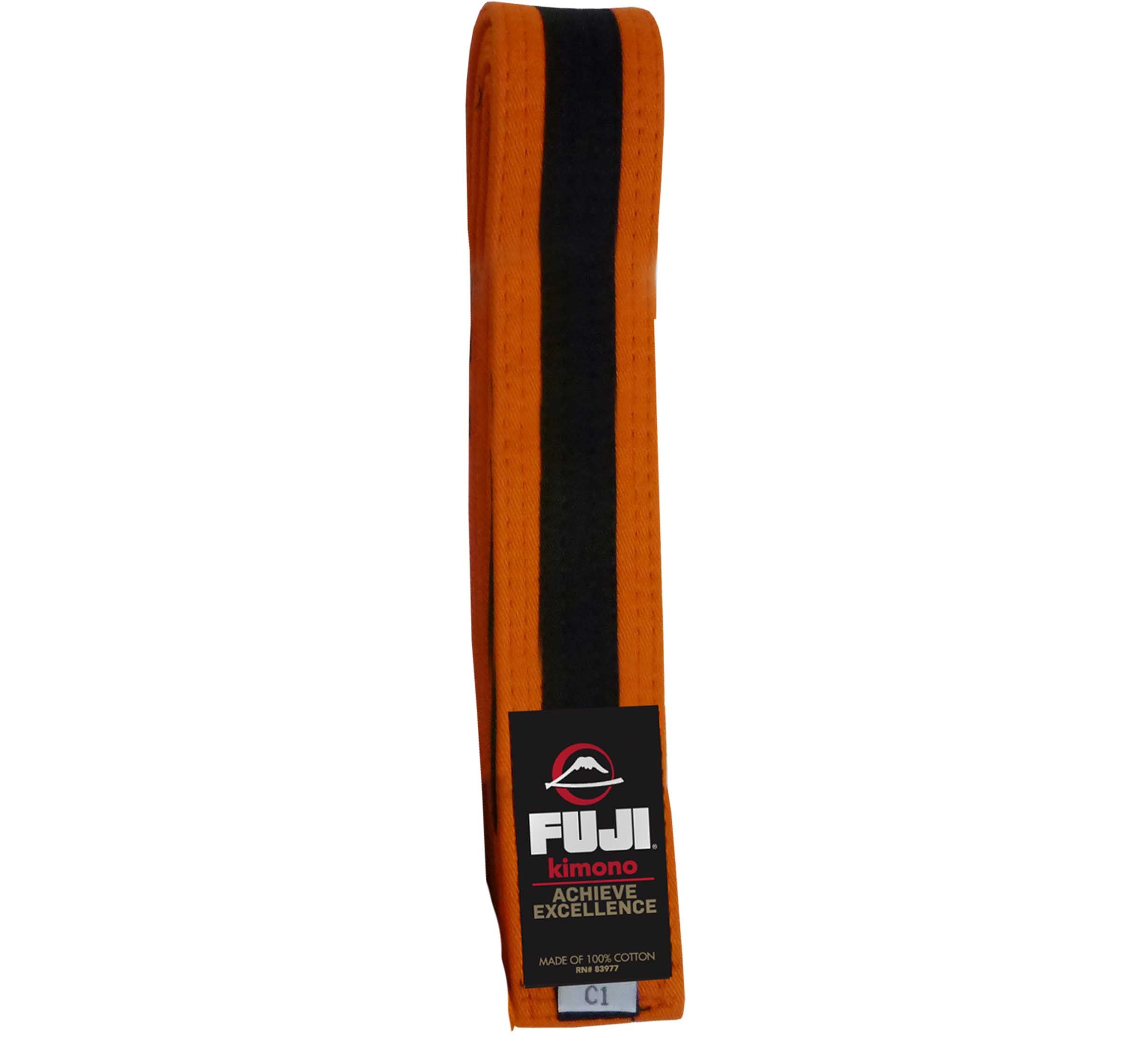 The Kids Jiu Jitsu Colored Belt is an orange belt with a black center stripe, labeled "FUJI kimono ACHIEVE EXCELLENCE." Made of 100% cotton, size C1.