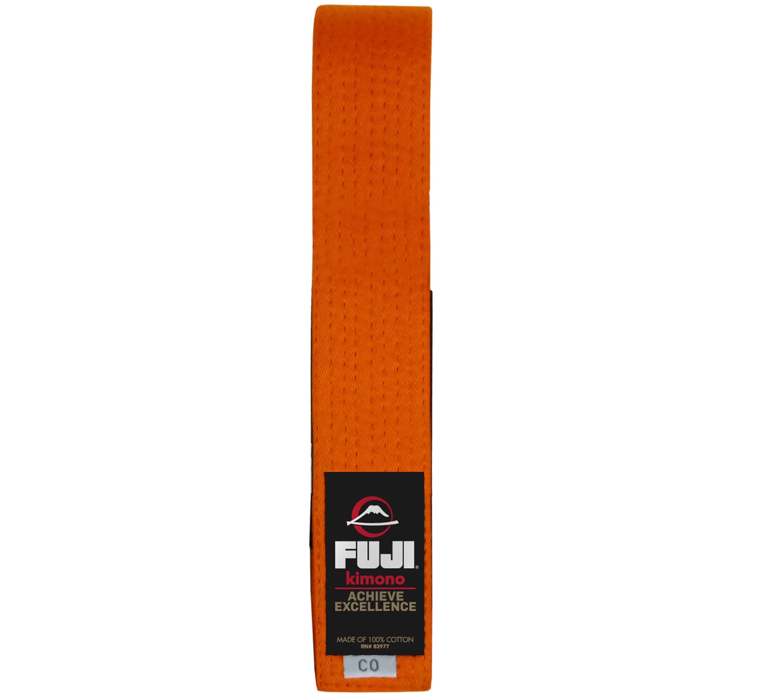 The Kids Jiu Jitsu Colored Belt is orange with a black FUJI label reading "kimono ACHIEVE EXCELLENCE," made of 100% cotton, and features a C0 size tag.