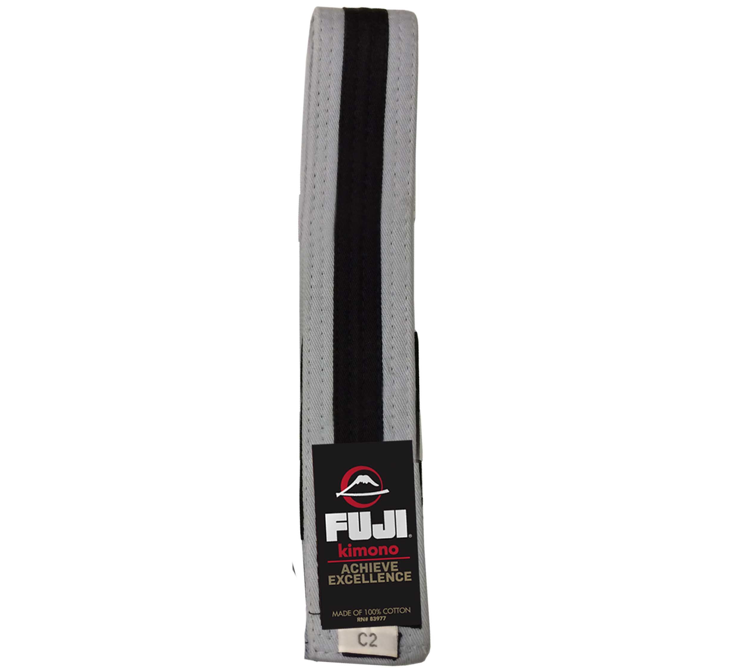 The Kids Jiu Jitsu Colored Belt features a gray base with a central black stripe. The FUJI label displays "kimono ACHIEVE EXCELLENCE" and "MADE OF 100% COTTON.