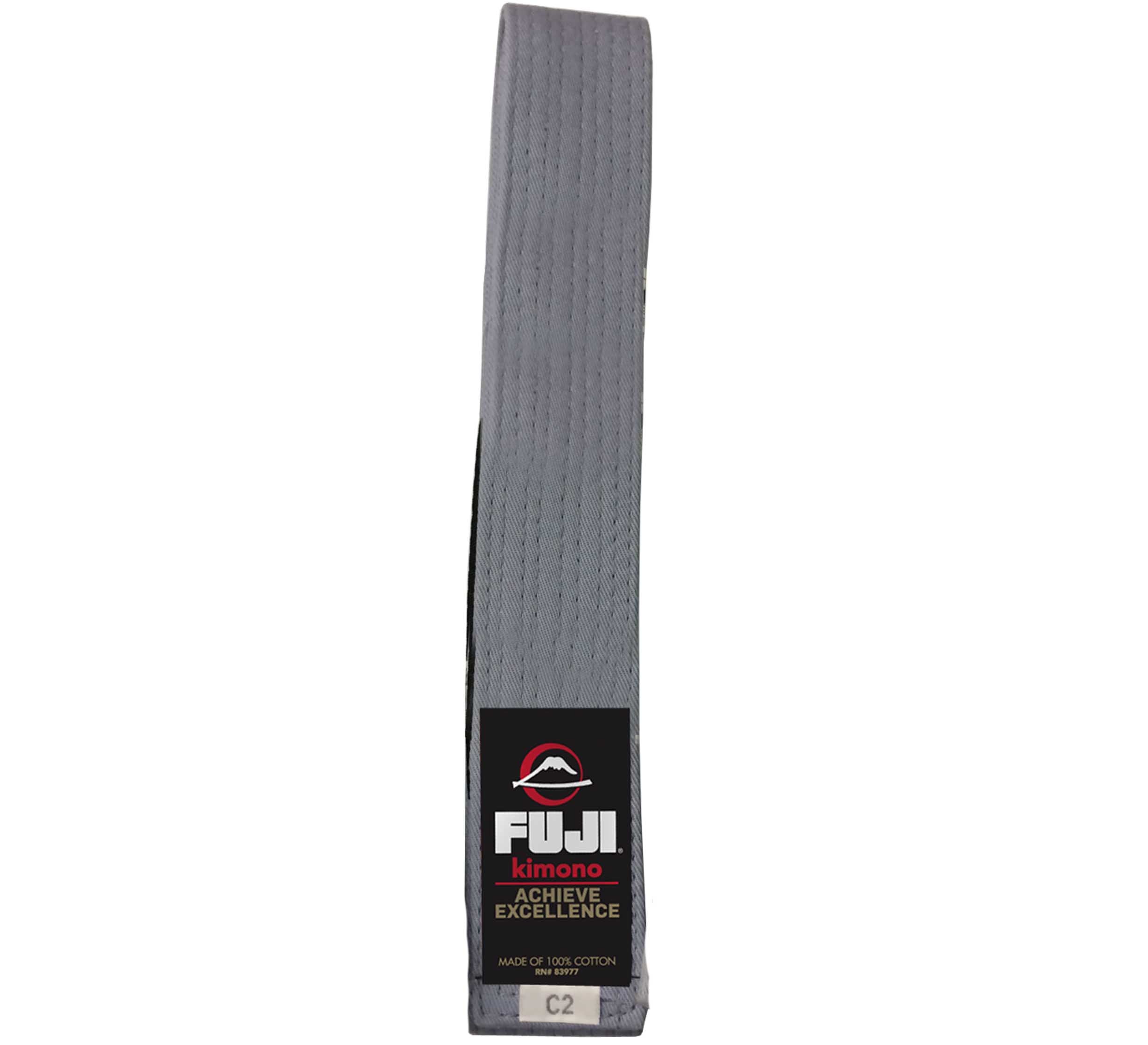 The Kids Jiu Jitsu Belt Grey features a FUJI label with "kimono ACHIEVE EXCELLENCE" and "MADE OF 100% COTTON." The bottom tag displays the size, marked as C2.