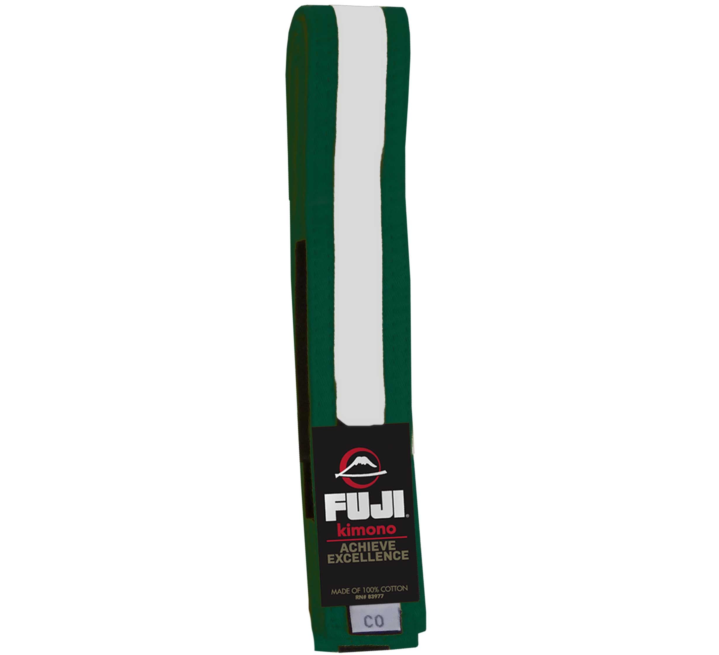 The Kids Jiu Jitsu Colored Belt is green with a white stripe, features a Fuji brand label, and has "Achieve Excellence" on the tag.