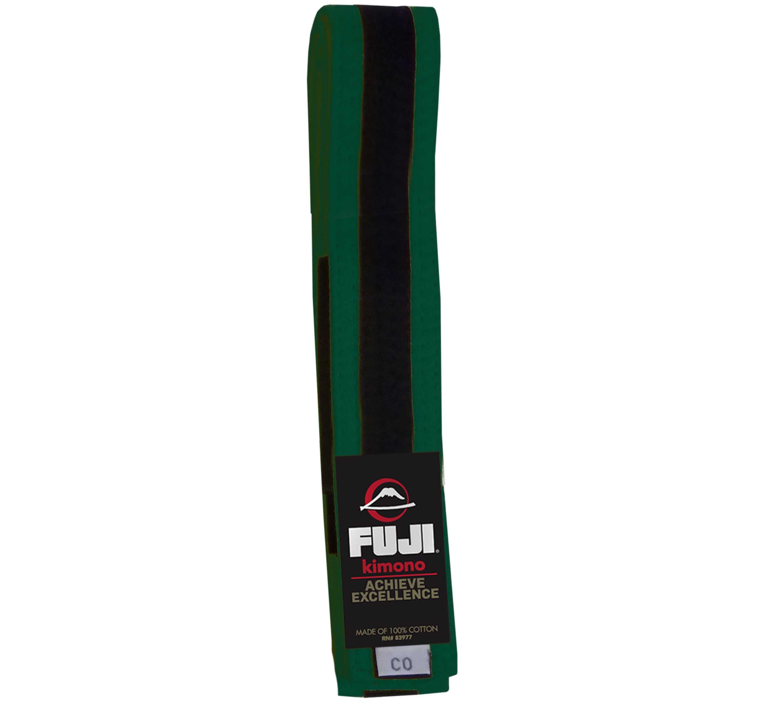 A folded green and black Kids Jiu Jitsu Colored Belt with a FUJI Kimono label reading "Achieve Excellence." The belt tag shows it is size C0 and made of 100% cotton.