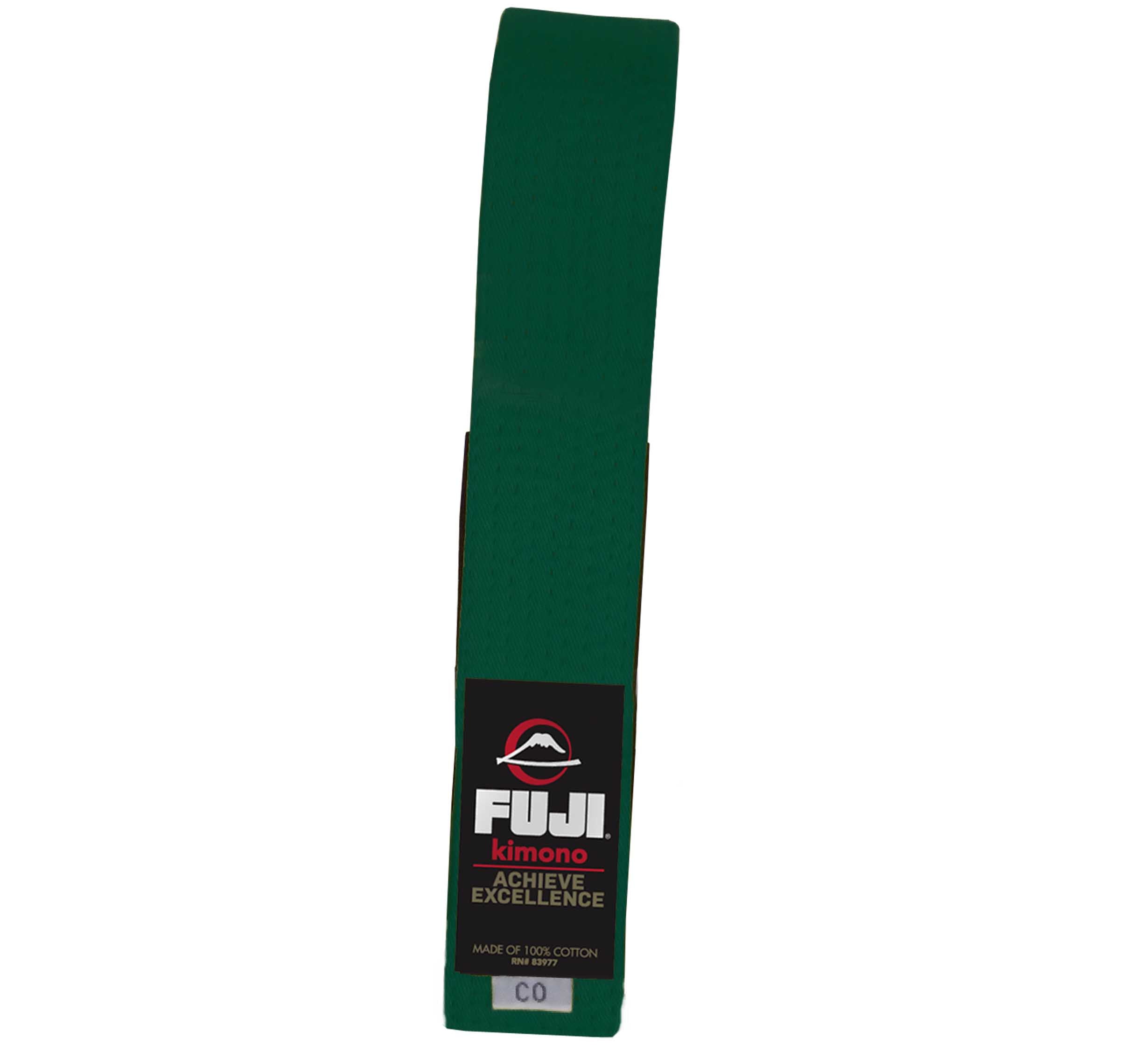 A Kids Jiu Jitsu Colored Belt in green with a FUJI label that reads "Kimono Achieve Excellence" and a small white tag at the end marked "C0.