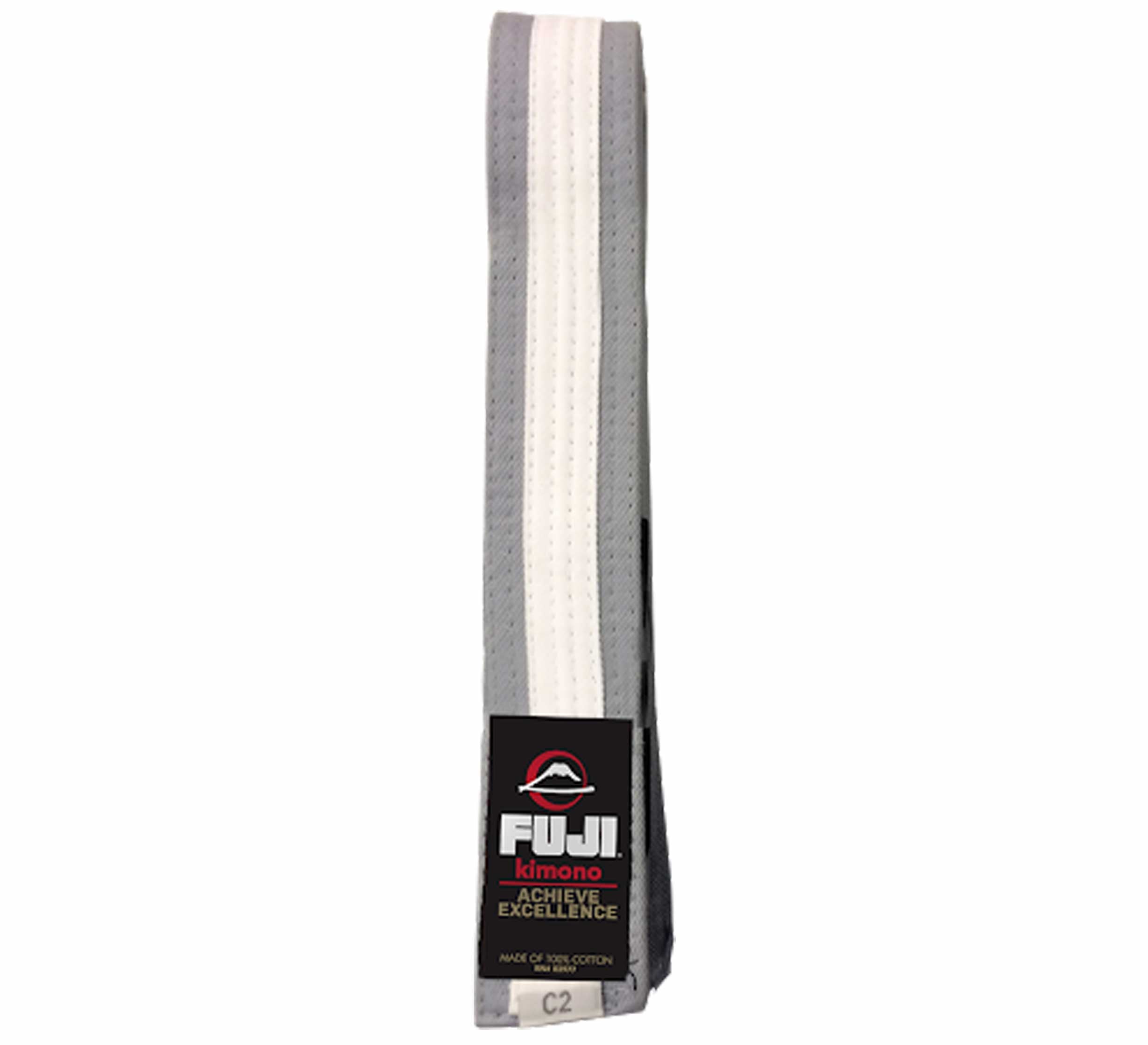 A folded FUJI Kids Jiu Jitsu Colored Belt with a gray base and white center stripe. The label shows "FUJI Kimono Achieve Excellence," made of cotton, size C2.