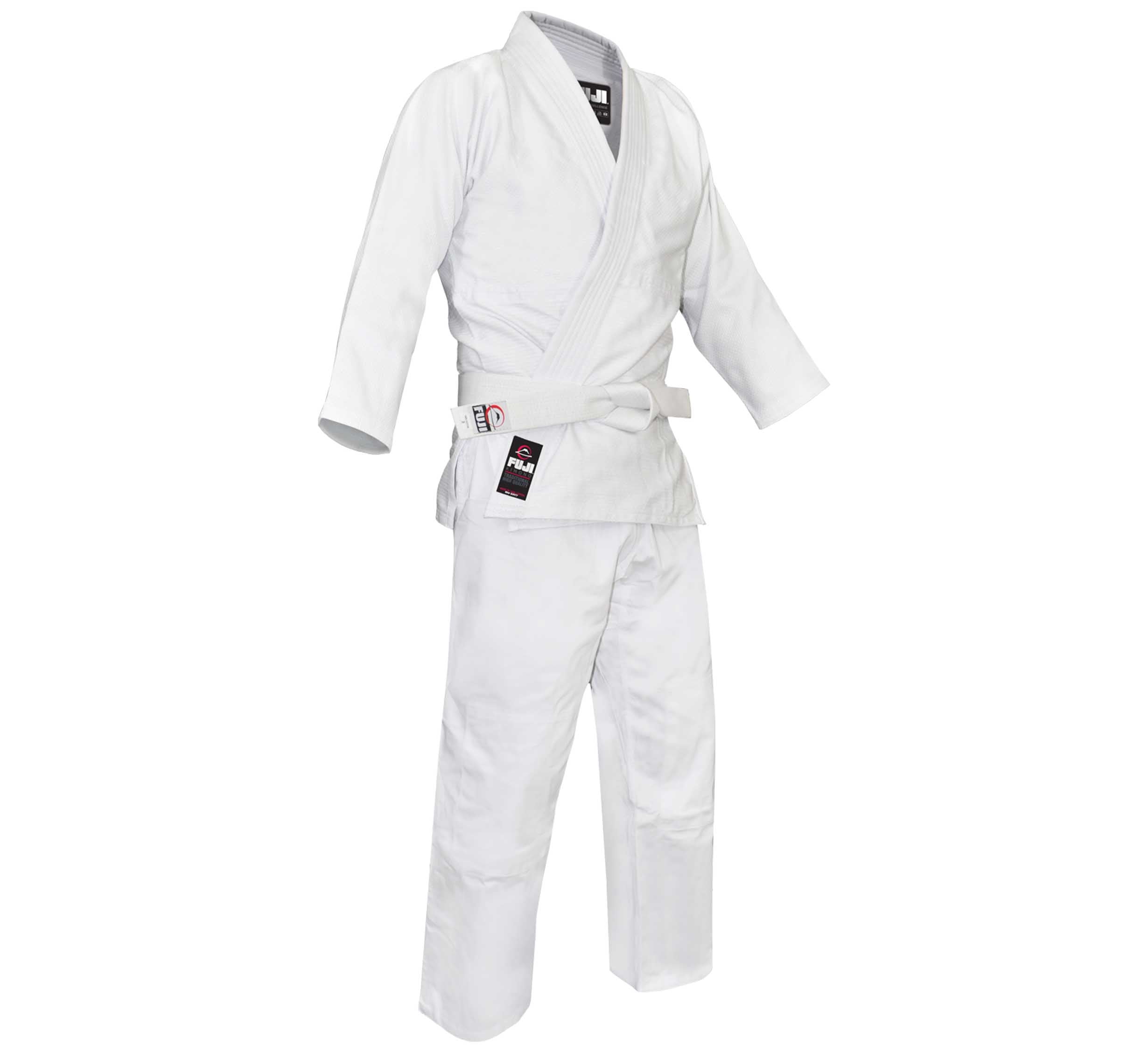 The Single Weave Judo Gi is a white martial arts uniform with a matching belt, featuring a jacket and pants, ideal for judo or Brazilian jiu-jitsu.