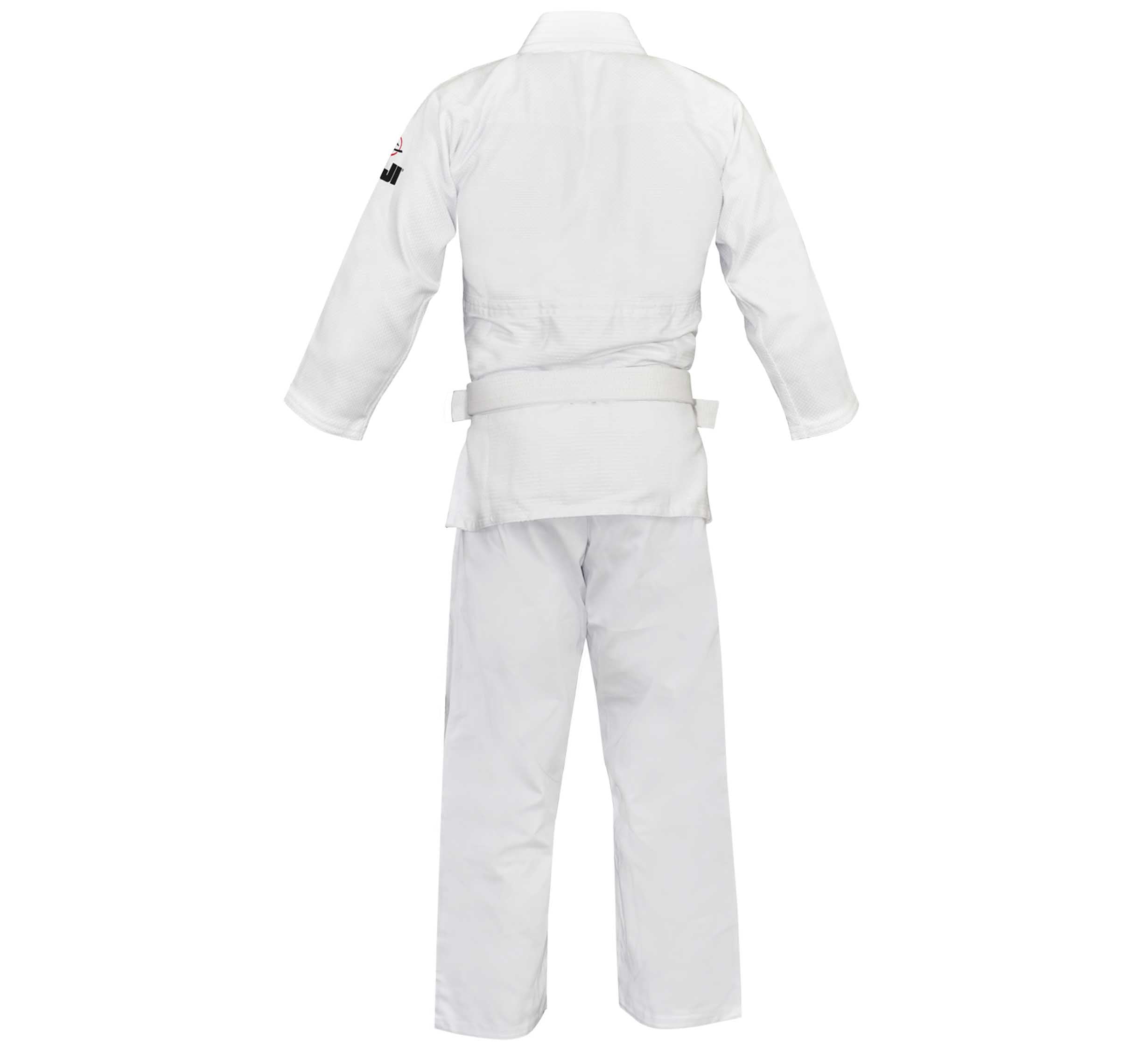 The Single Weave Judo Gi is a white martial arts uniform featuring a long-sleeved jacket, pants, a white belt at the waist, and a small black and red patch on the left shoulder.