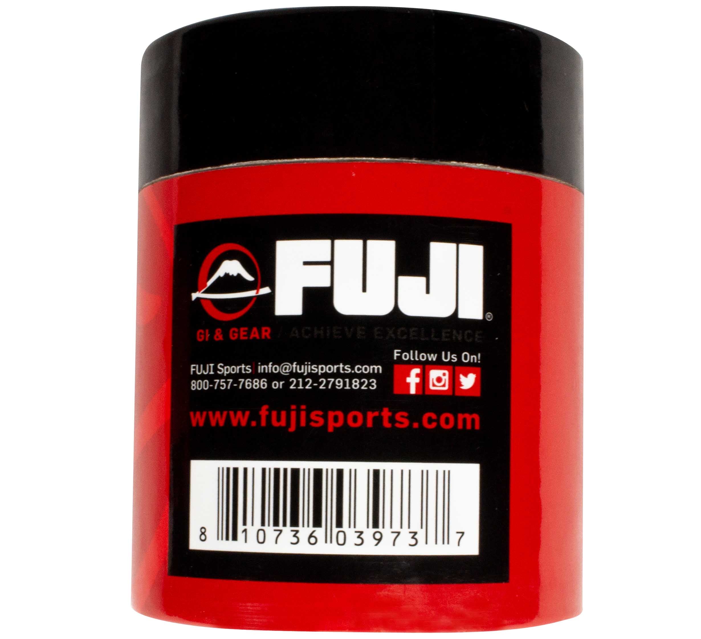 A red and black FUJI Finger Tape (6 Count) container features contact info, website, social media icons, and a barcode on the label, promoting FUJI sports gear with ways to follow or contact the company.