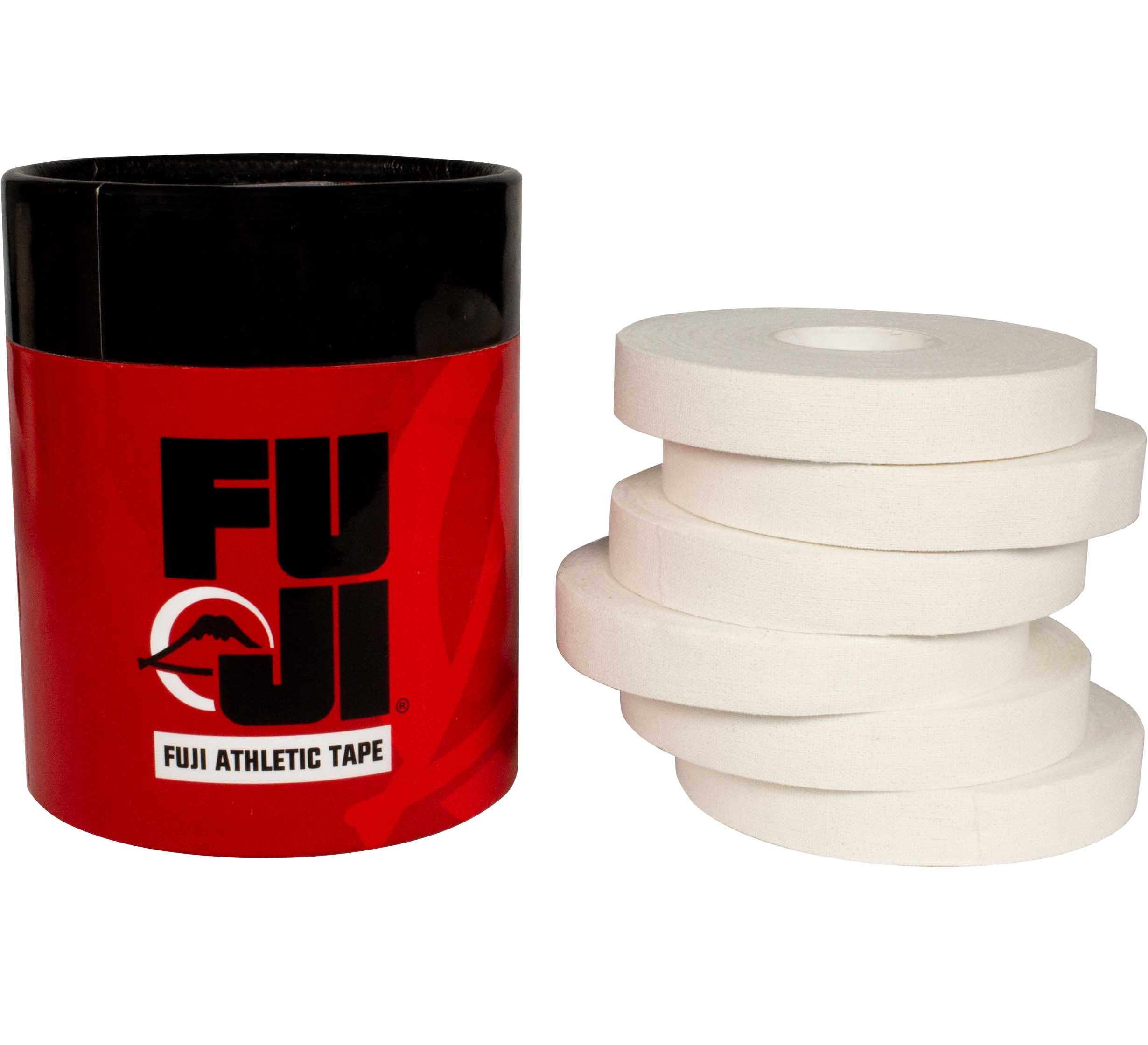 A red and black cylindrical container labeled Finger Tape (6 Count) is next to five rolls of white finger tape stacked on their sides.