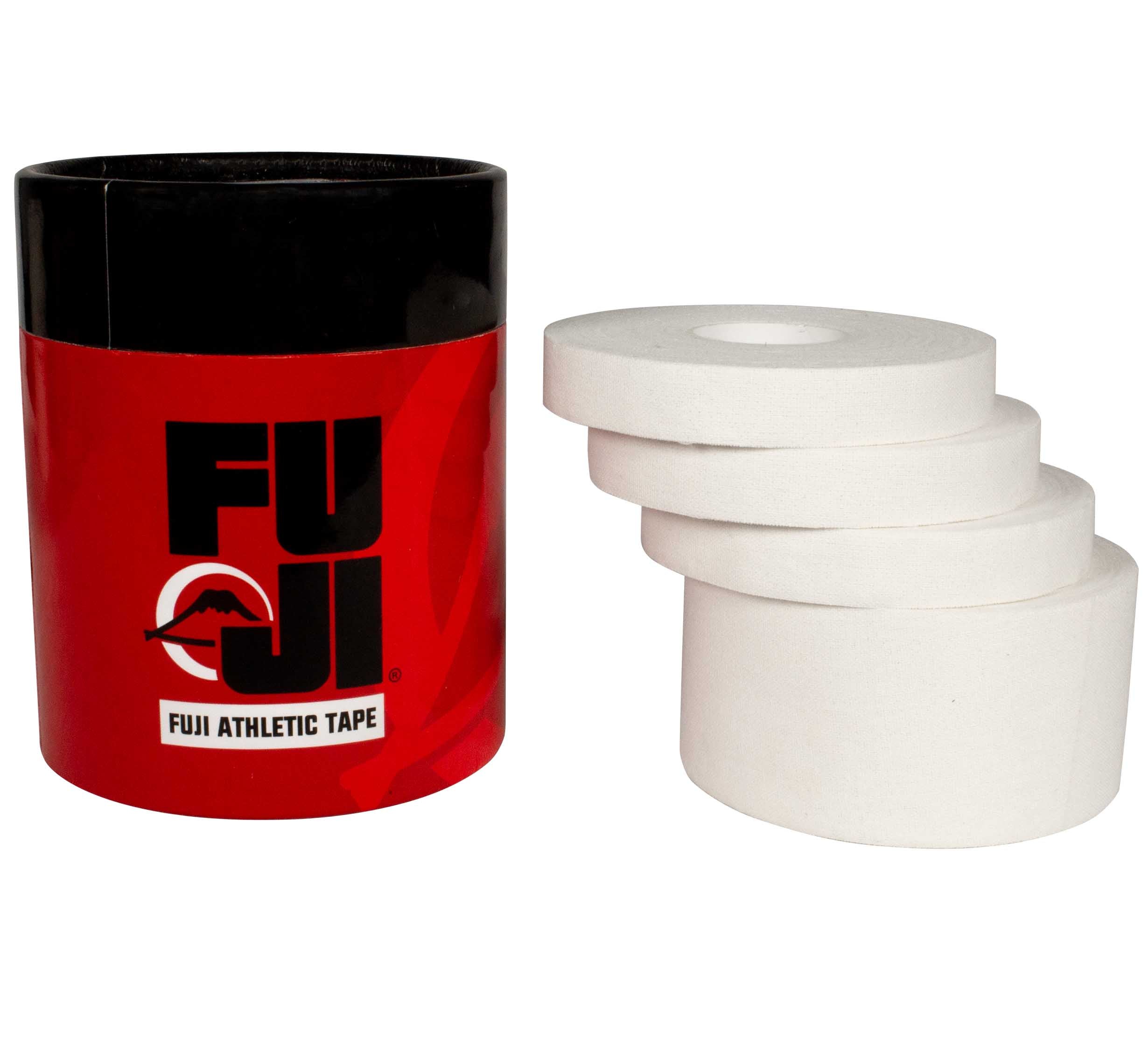 A red and black container labeled "Finger and Joint Tape Combo Pack (4 Count)" with three rolls of white athletic tape stacked beside it.