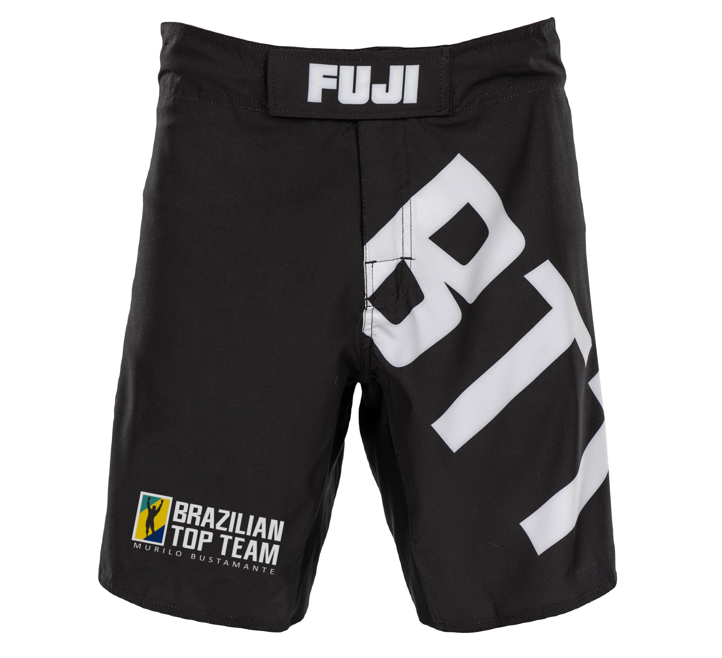The BTT Youth Fight Shorts Black feature FUJI on the waistband, a large white BTT design on one leg, and a Brazilian Top Team Murilo Bustamante patch on the lower left leg.