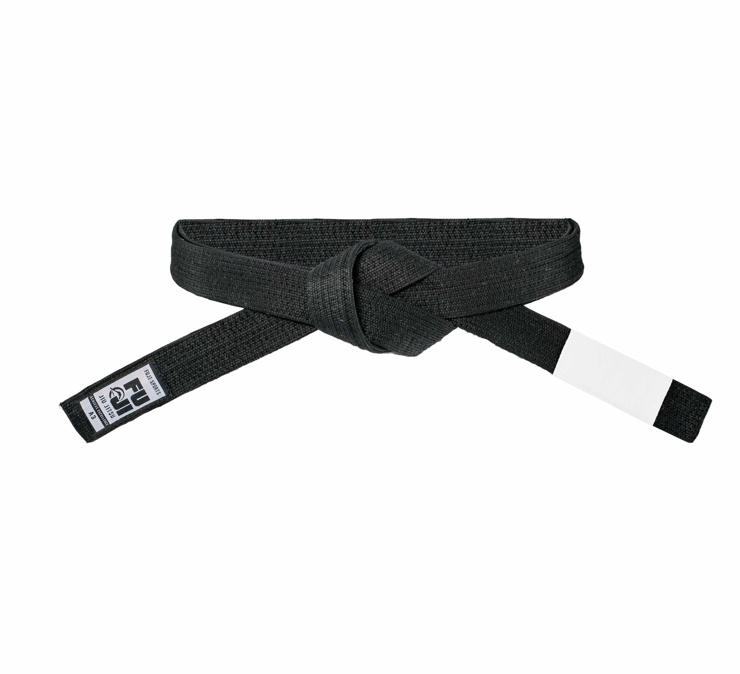 The Premium Pearl Weave BJJ Belt is black and tied in a knot, lying flat on a white background. One end features a label, while the other displays a white stripe near the tip.