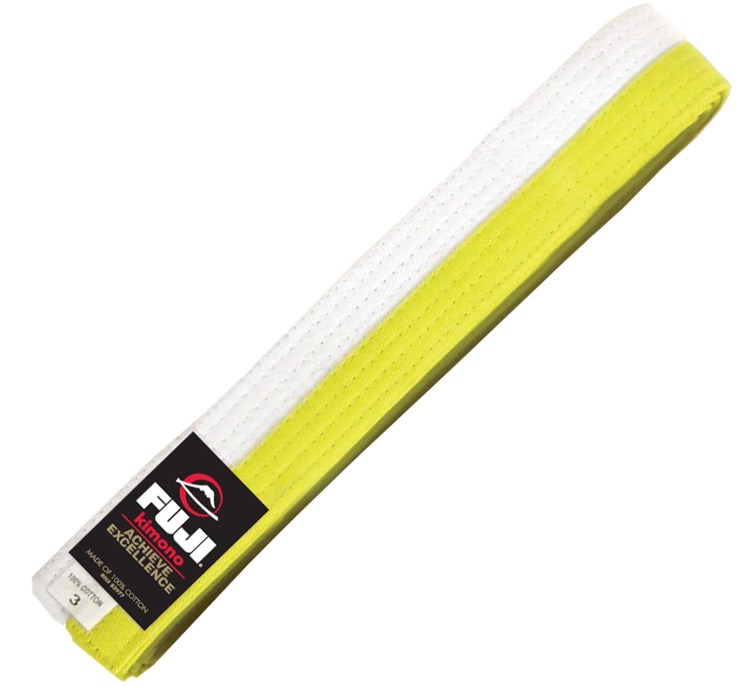 The Judo Color Belt features white and yellow stripes with a Fuji brand label on one end and comes neatly folded.