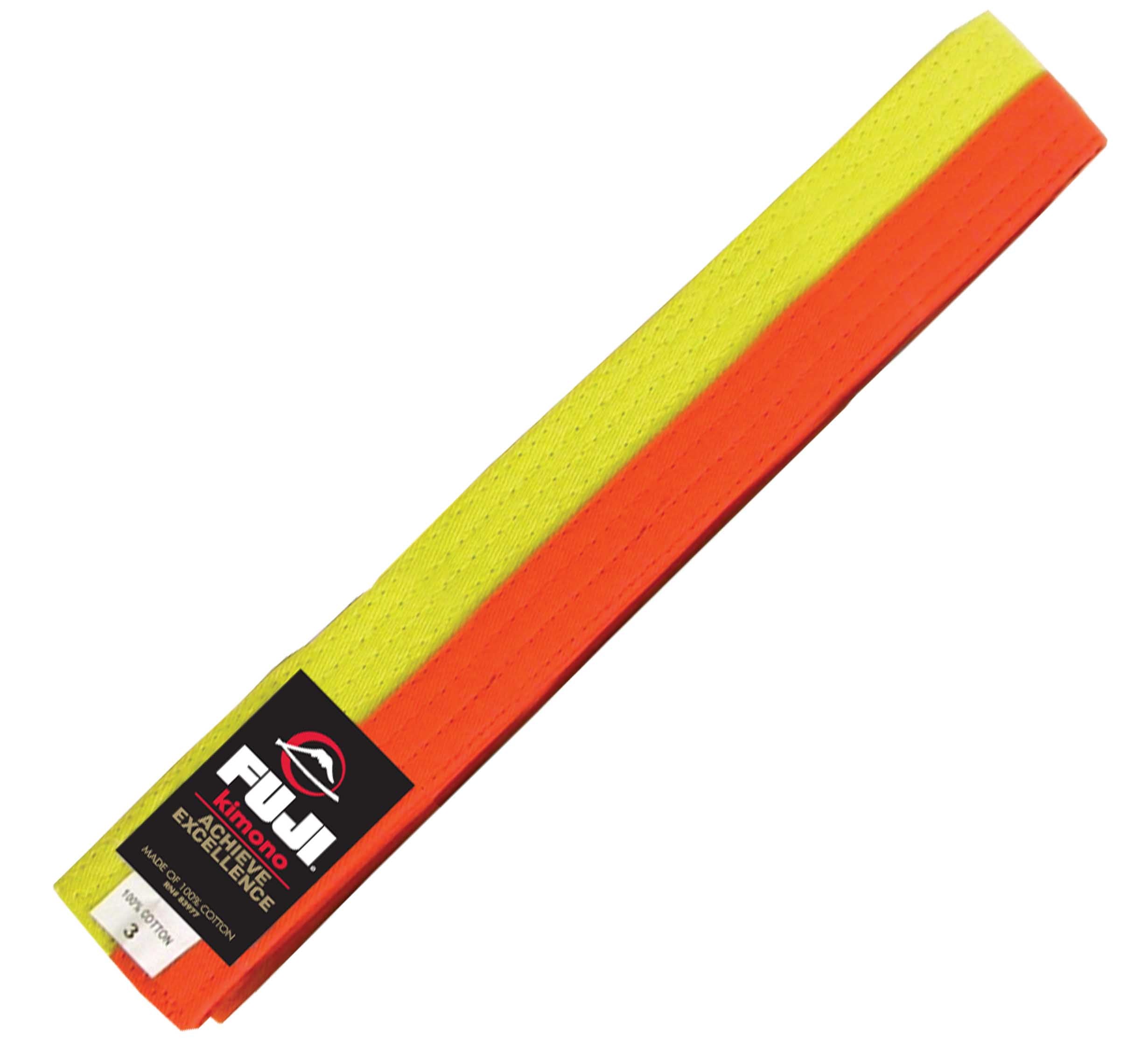 The Judo Color Belt features one half bright yellow and the other half bright orange, with a Fuji label on one end.