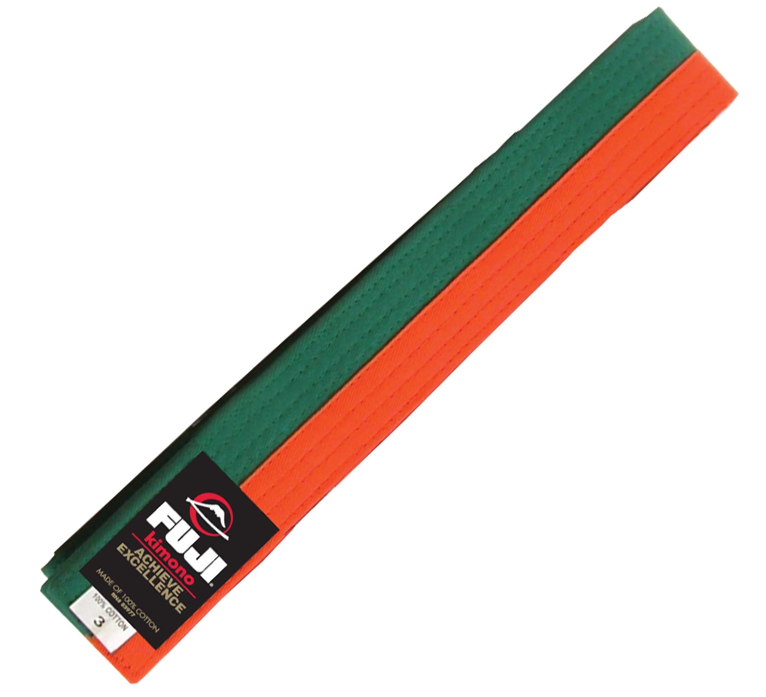 A folded Judo Color Belt with green and orange stripes, featuring a Fuji brand label on one end and a size 3 tag.