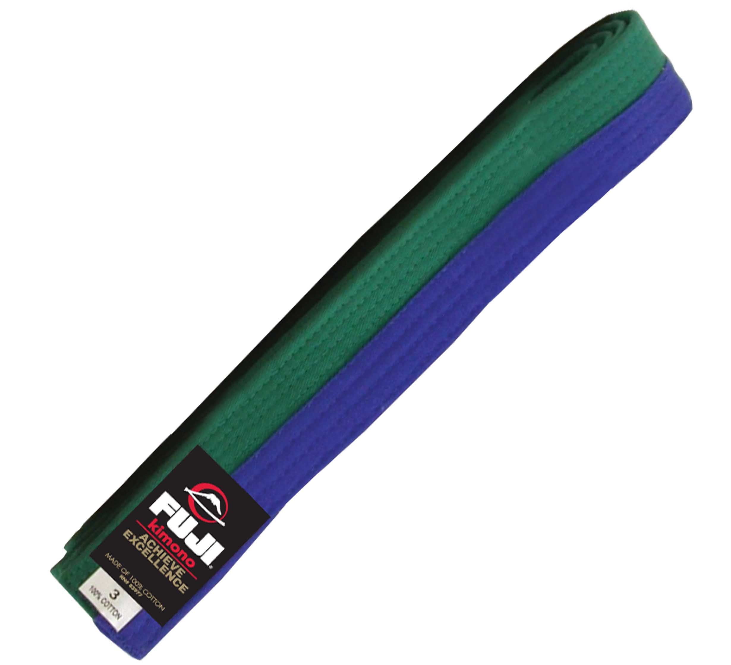 The Judo Color Belt has one half green and the other half blue, with a Fuji brand label at one end.