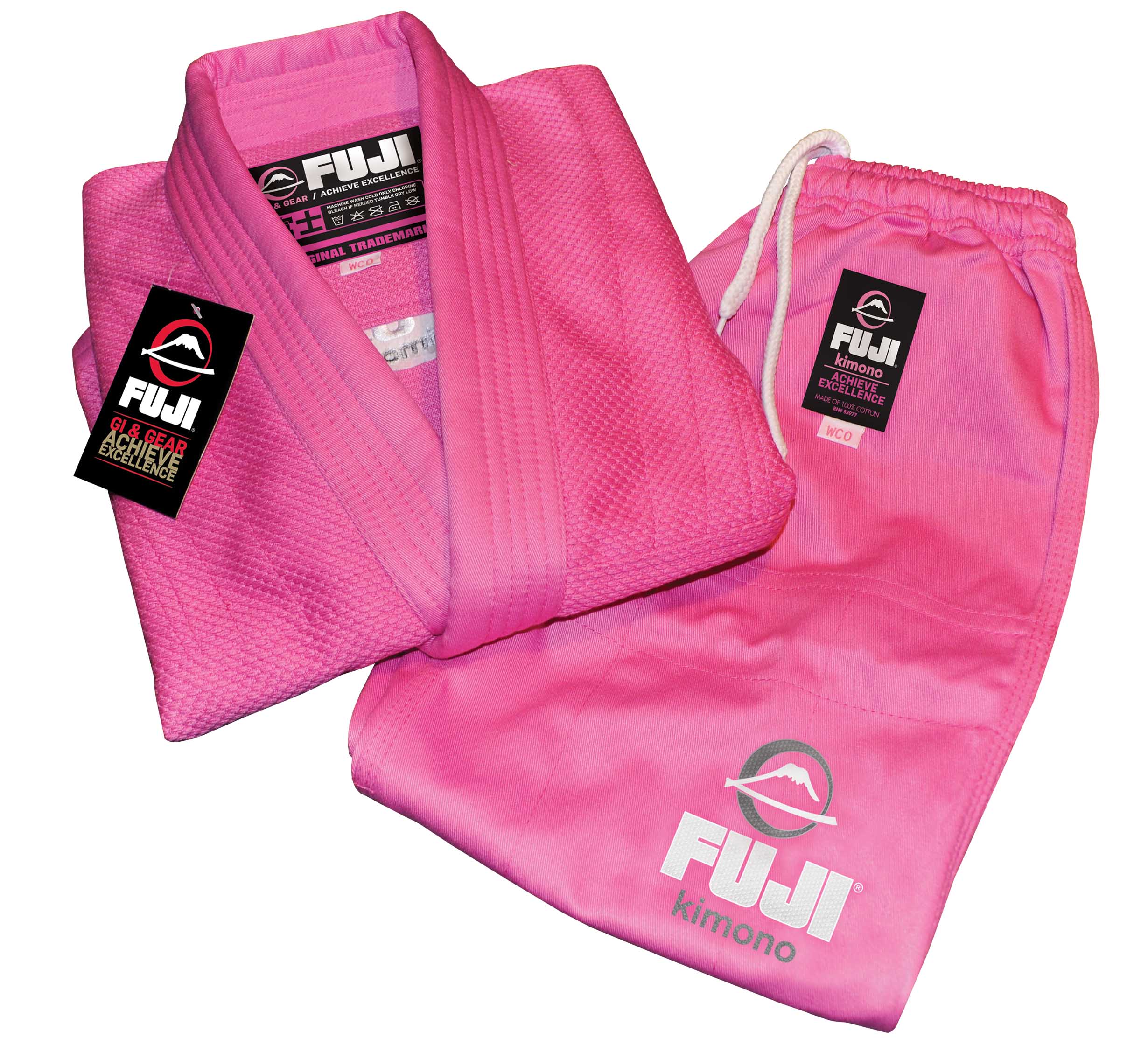 The Pink All Around Kids BJJ Gi features a pink jacket and matching pants with white drawstrings, both folded and displaying the Fuji logo and tags.