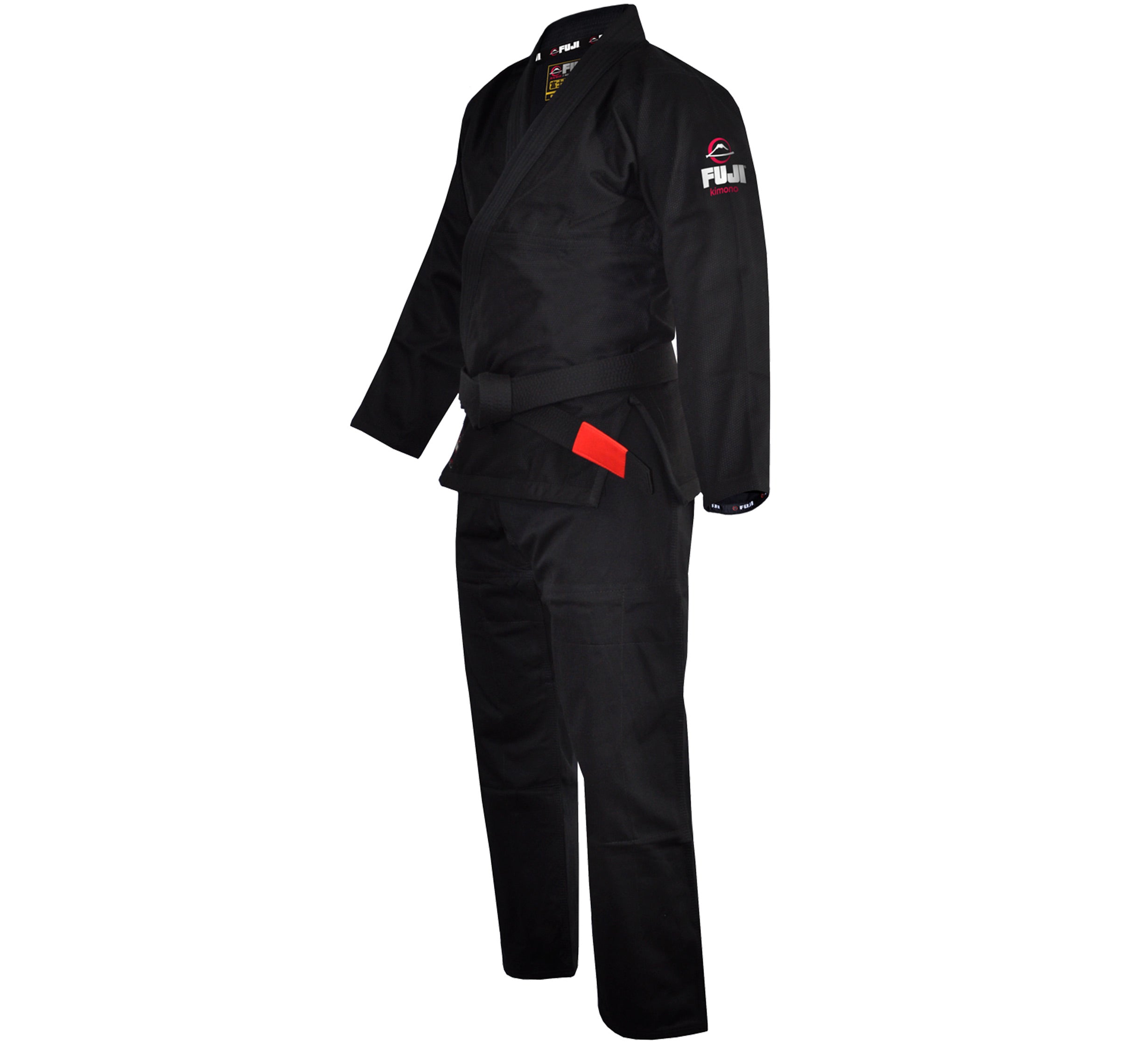 The Lightweight BJJ Gi is a black Brazilian Jiu-Jitsu uniform with a black belt, shown on an invisible mannequin. It features a FUJI logo patch on the left shoulder and a small red accent near the pocket.