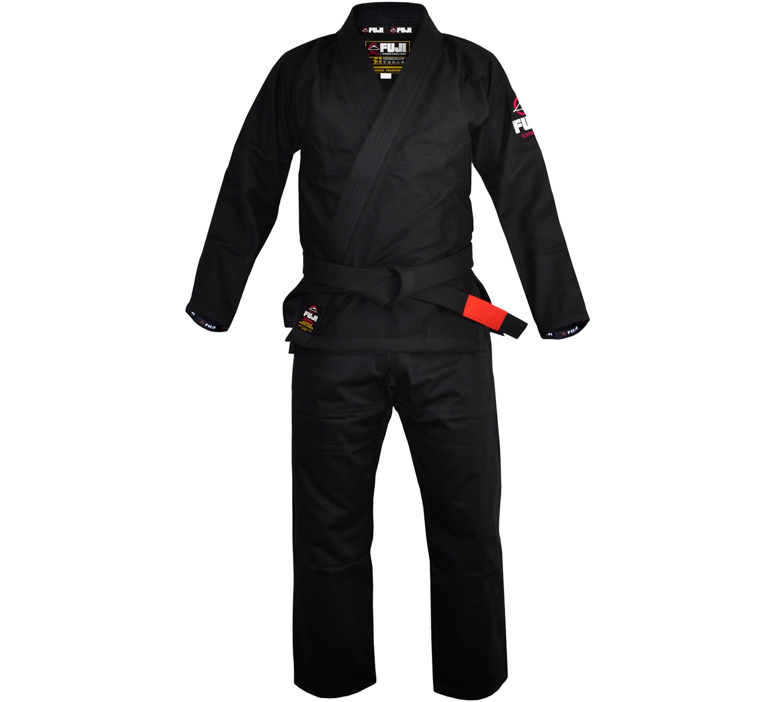 The Lightweight BJJ Gi Black, shown with a matching black belt on a white background, features embroidered patches on the shoulders and chest.