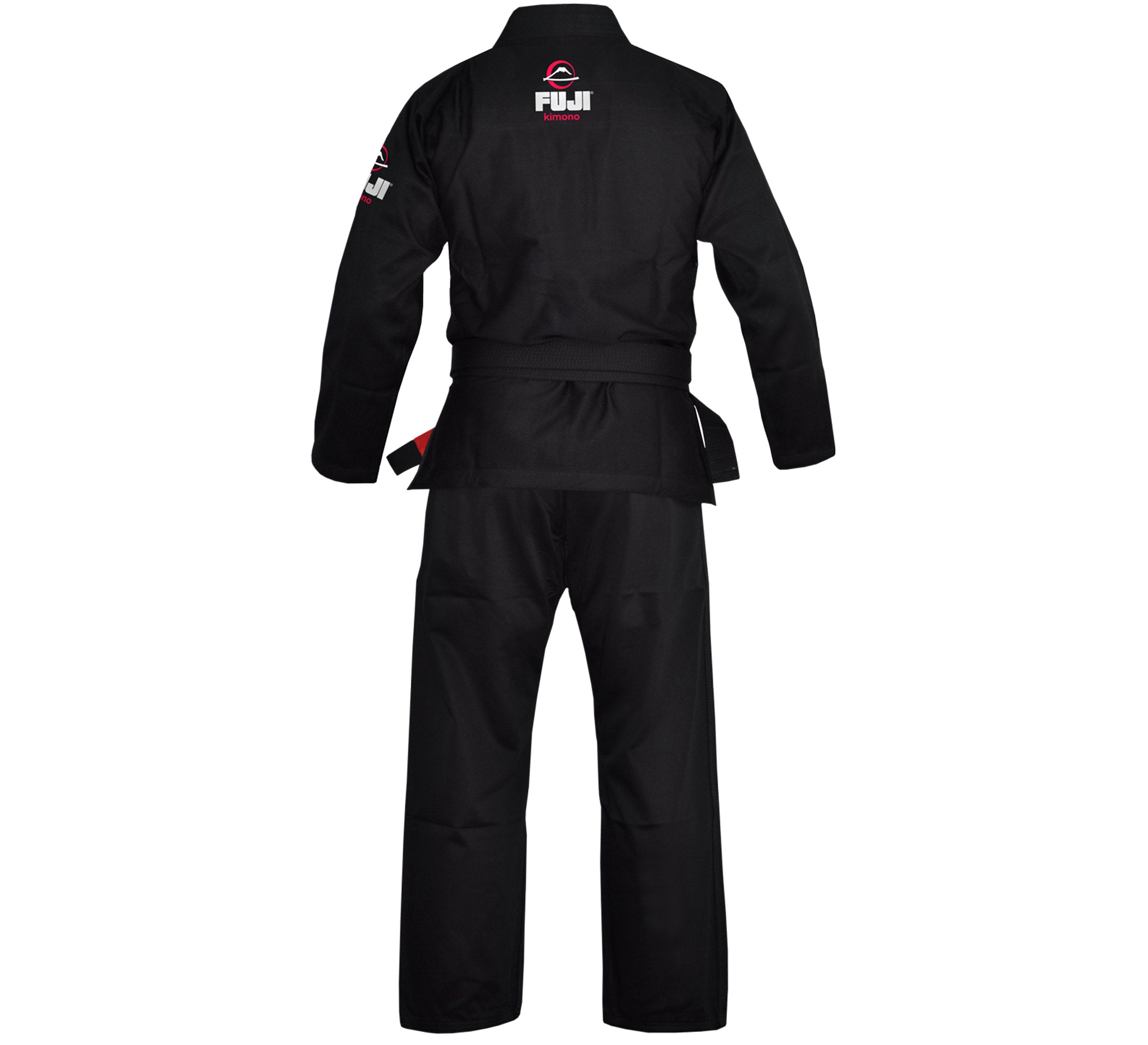 The Lightweight BJJ Gi Black is shown from the back, featuring "FUJI" and a red and white logo on the upper back, plus a small patch on the right shoulder. Includes belt.
