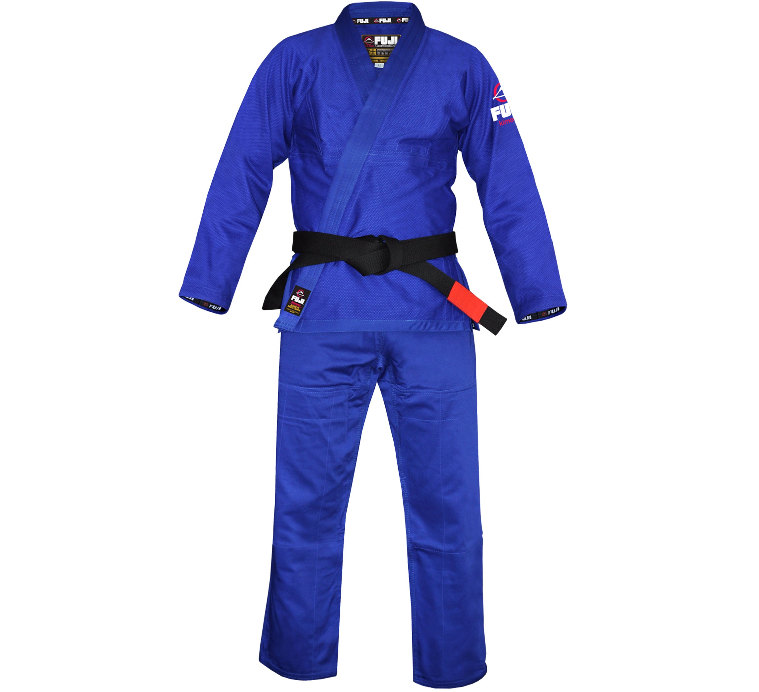 The Lightweight BJJ Gi, shown in blue with Fuji branding on the left shoulder and collar, features a black belt tied at the waist and is displayed against a white background.