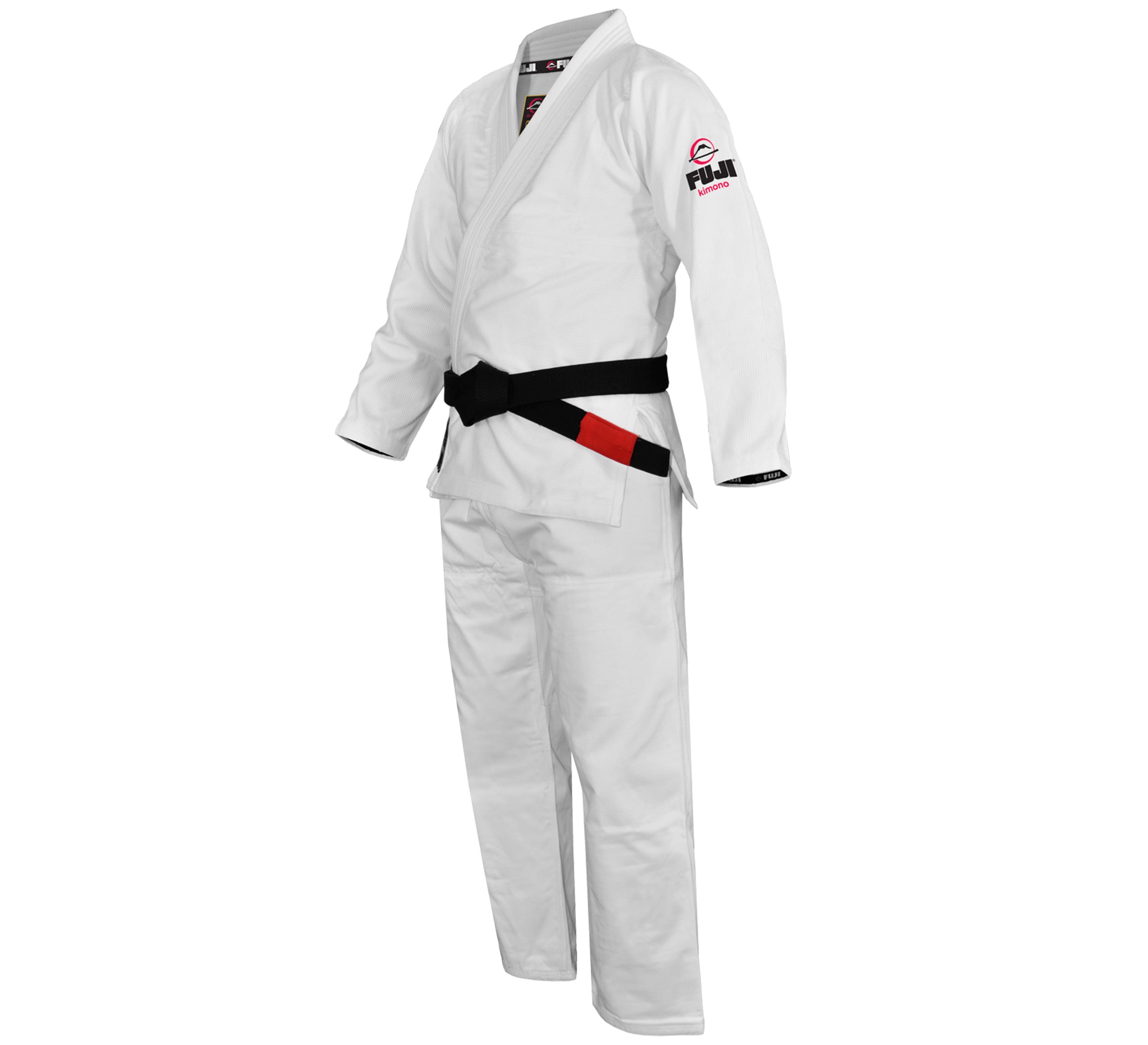 The Lightweight BJJ Gi is a white Brazilian Jiu-Jitsu uniform shown on a mannequin with a black belt, red detailing, and a patch on the left shoulder.