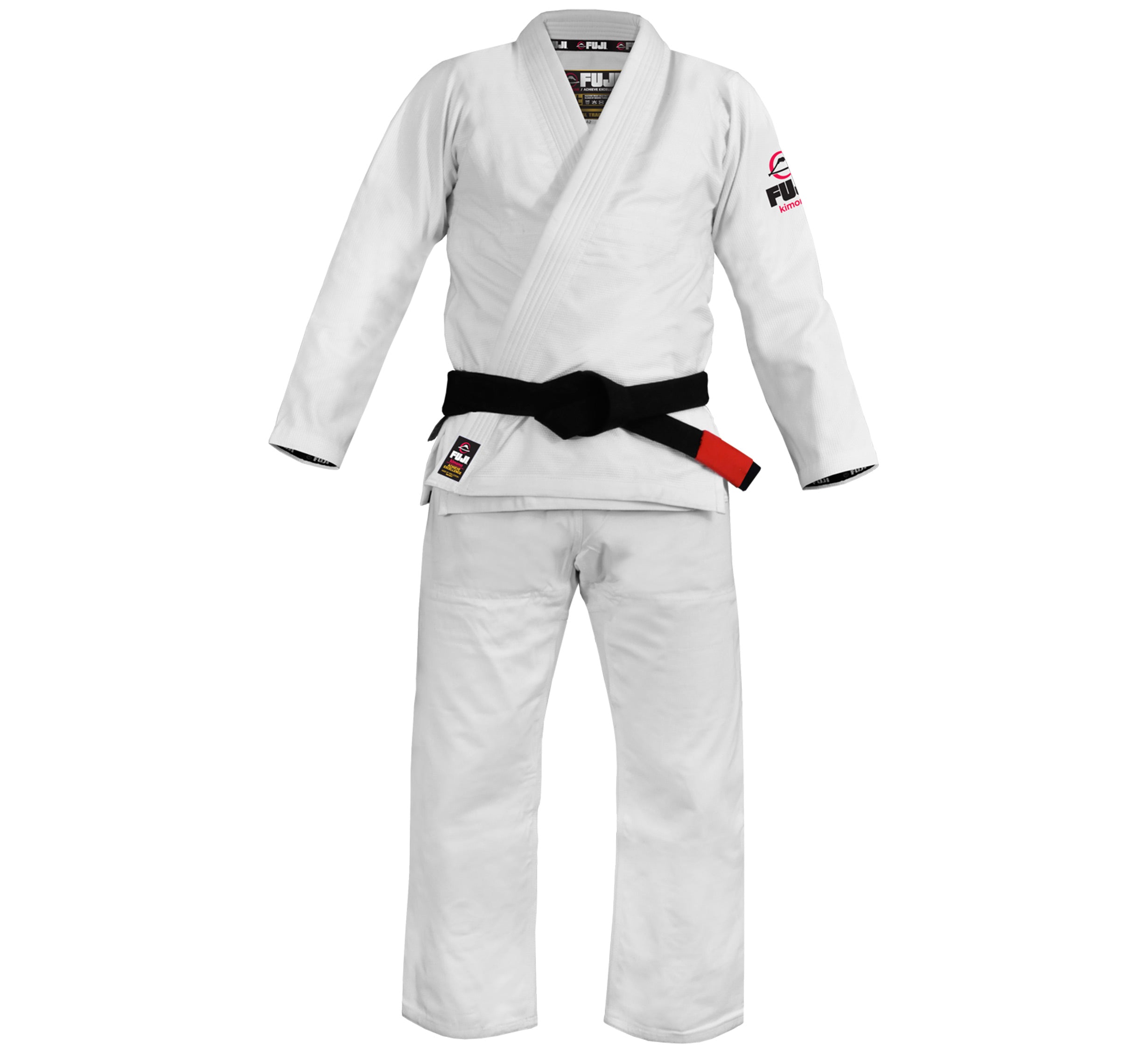 The Lightweight BJJ Gi is a white Brazilian Jiu-Jitsu uniform with chest and sleeve patches, shown upright with arms and legs slightly apart, paired with a black belt against a plain white background.