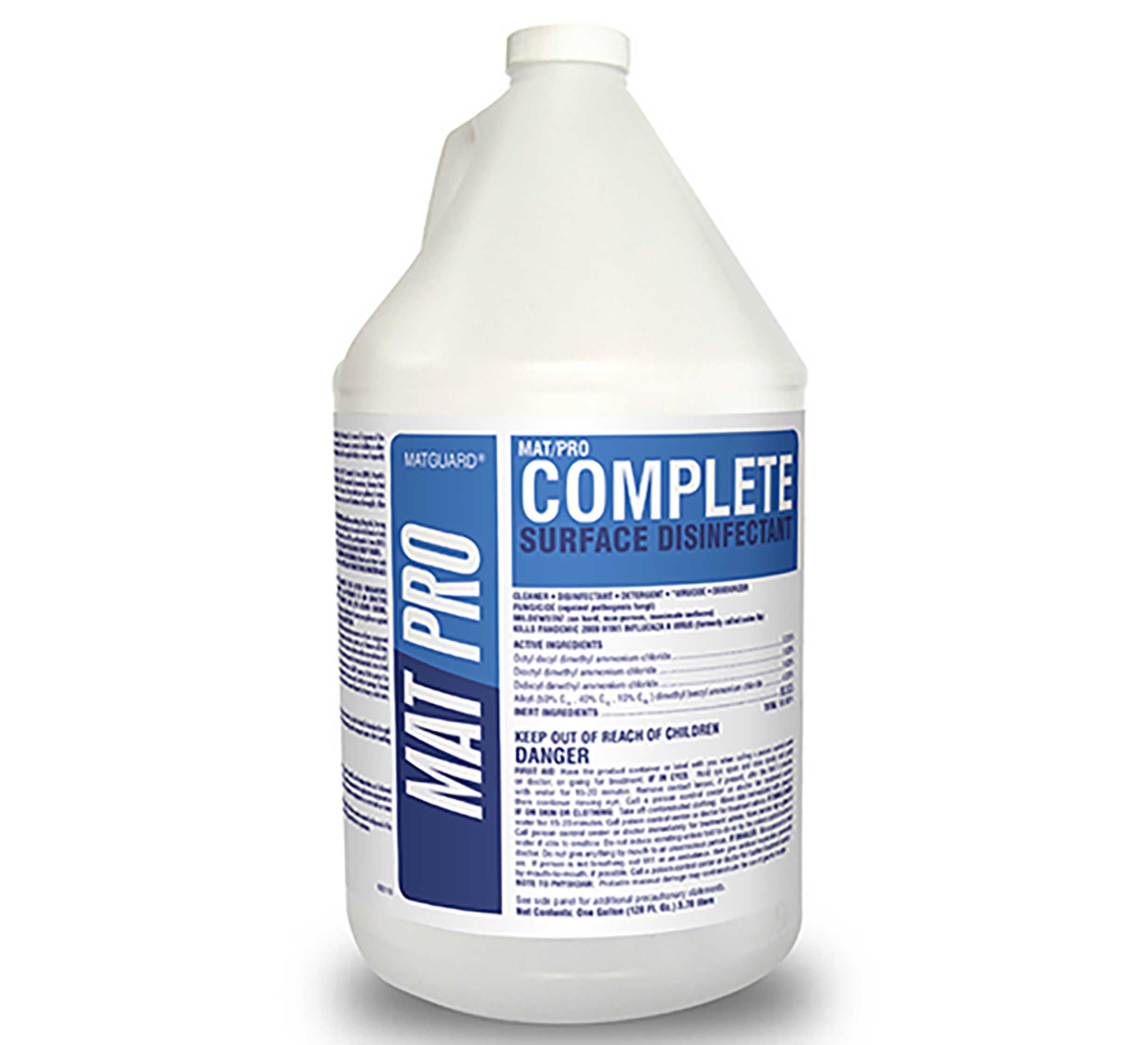 A large white plastic jug labeled Premium High Concentrate Mat Cleaner with blue and white text and instructions, designed for cleaning and disinfecting surfaces.