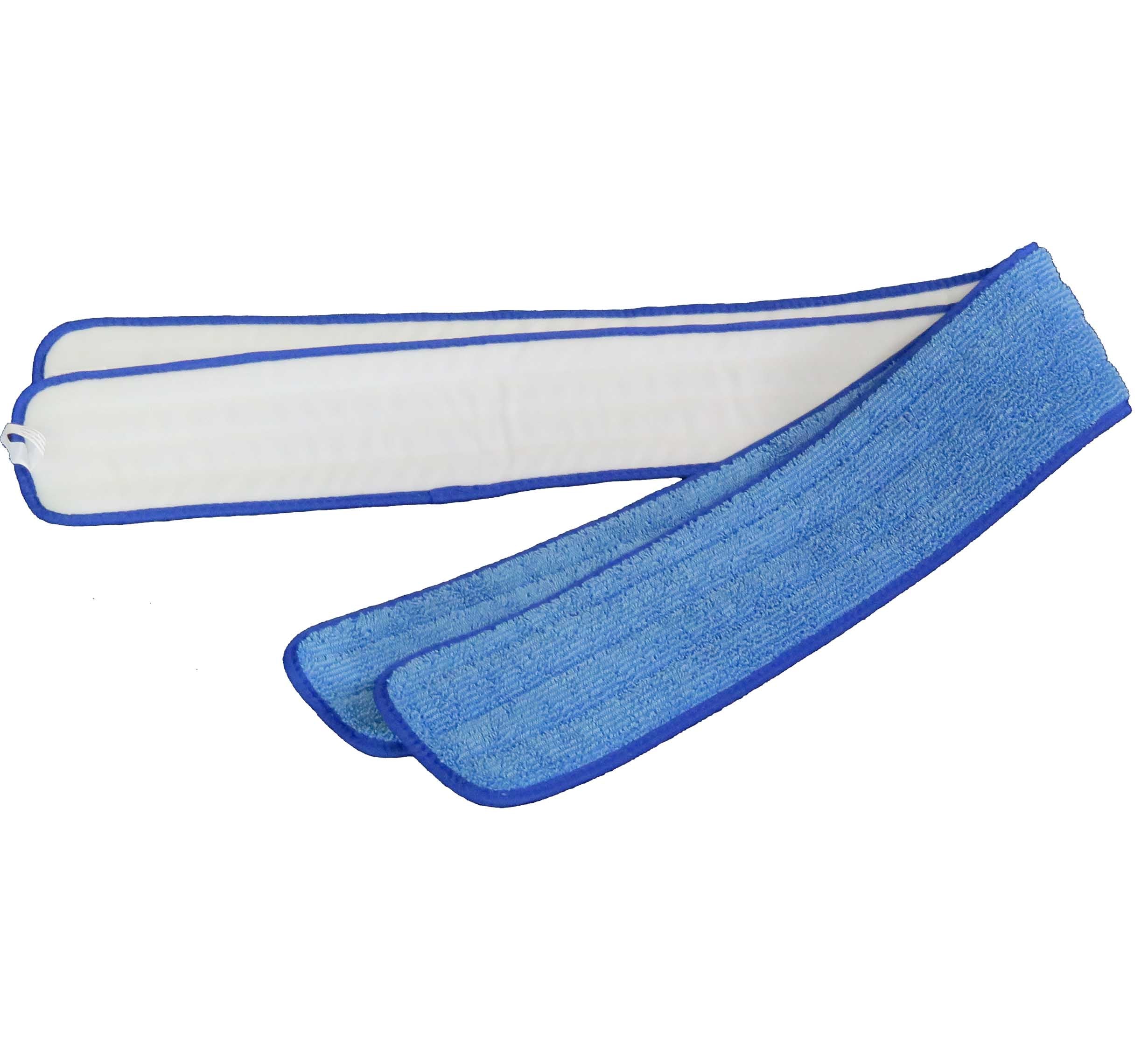Two blue-edged rectangular Microfiber Mega Mop Pads are shown on a white background; one reveals the soft blue cleaning surface, while the other displays the white underside.