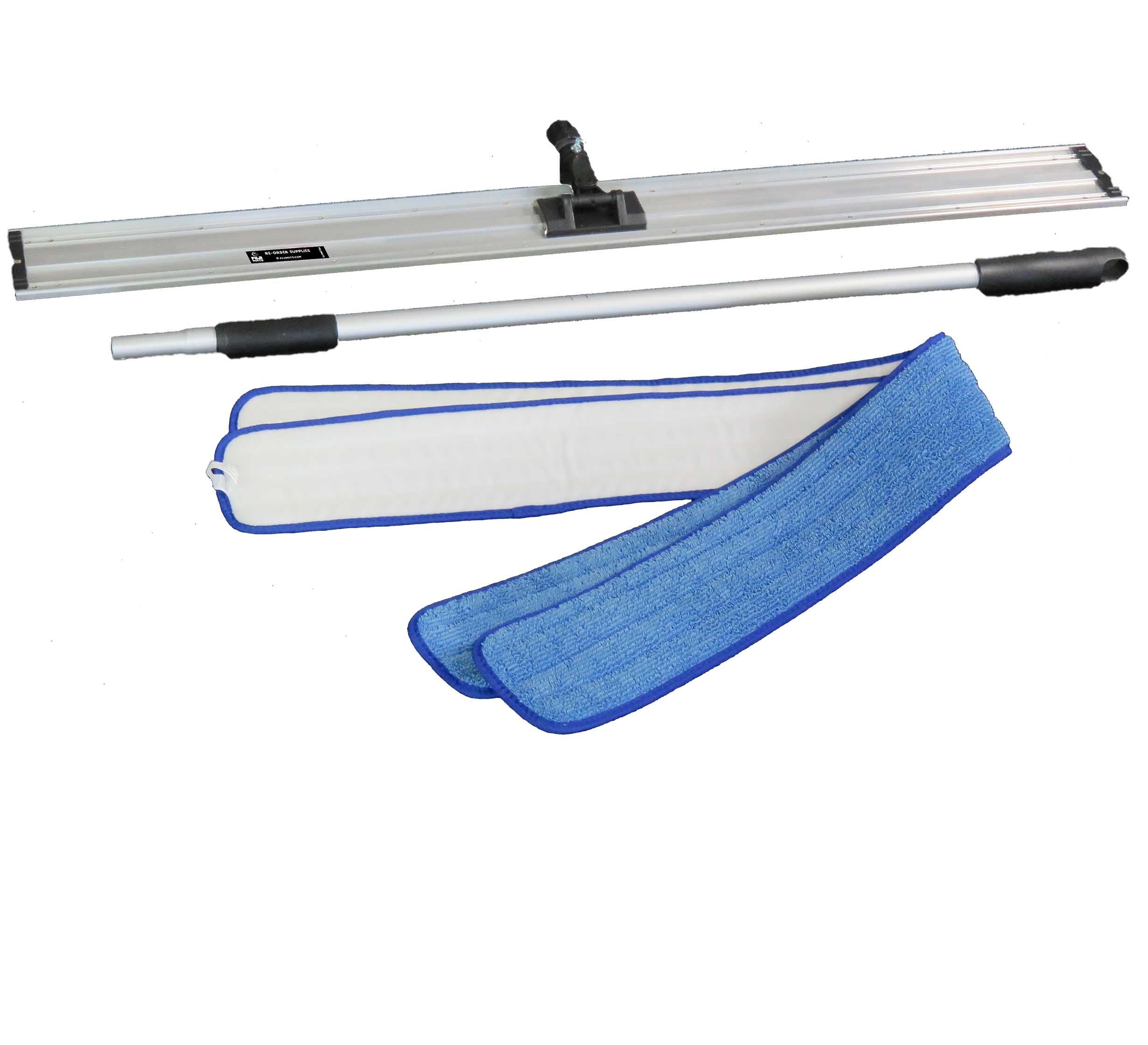 The 4-Foot Mega Mop features a long metal handle, a wide rectangular mop head, and two blue microfiber pads, all shown on a white background.