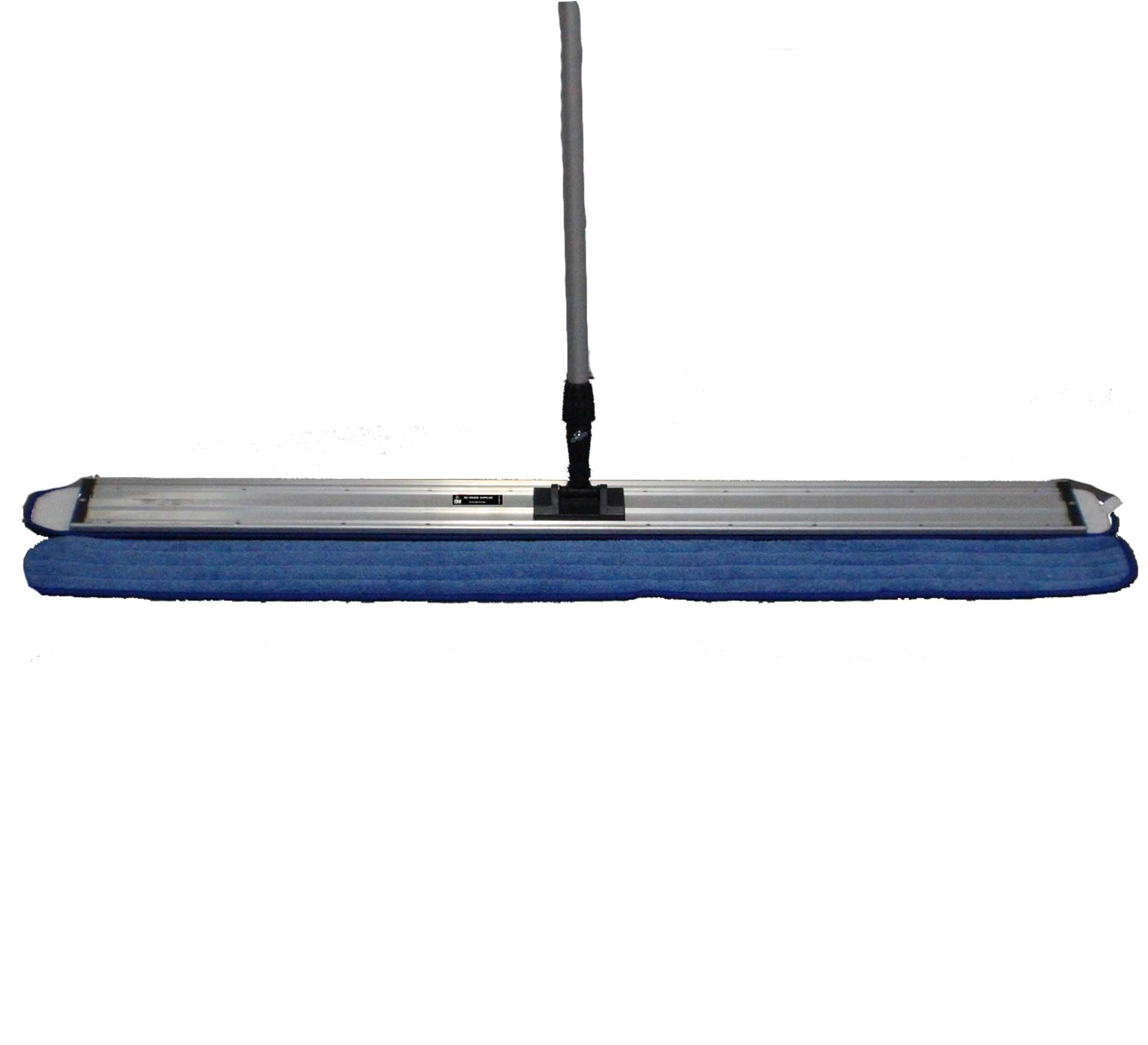 The 4-Foot Mega Mop features a wide, flat design with a long handle and a blue microfiber pad, perfect for cleaning large floor areas efficiently.
